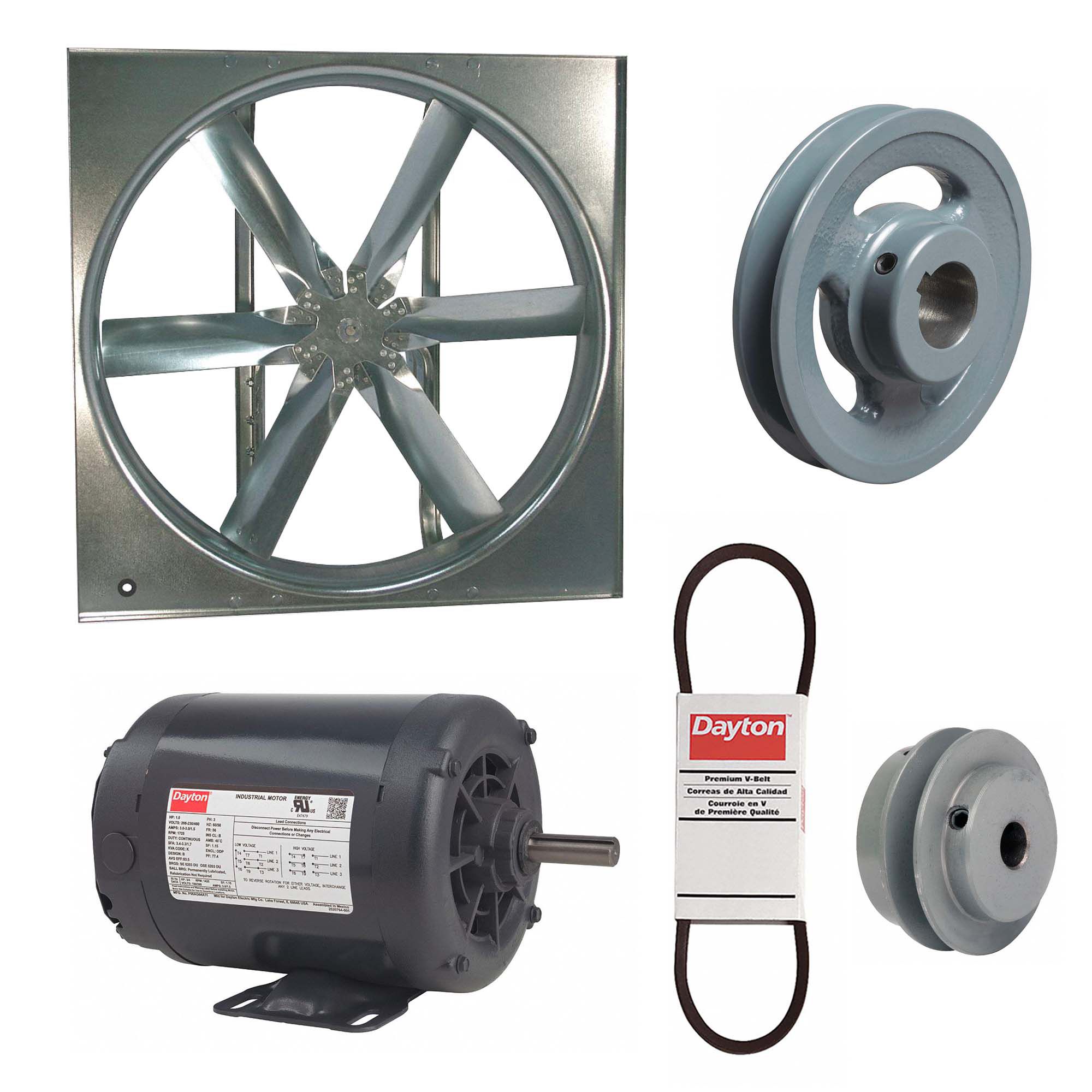 Supply Fan w/Drive Package: Belt Drive, 24 in Blade, Open Dripproof, 7, 069 cfm, 3 ph, 3/4 hp