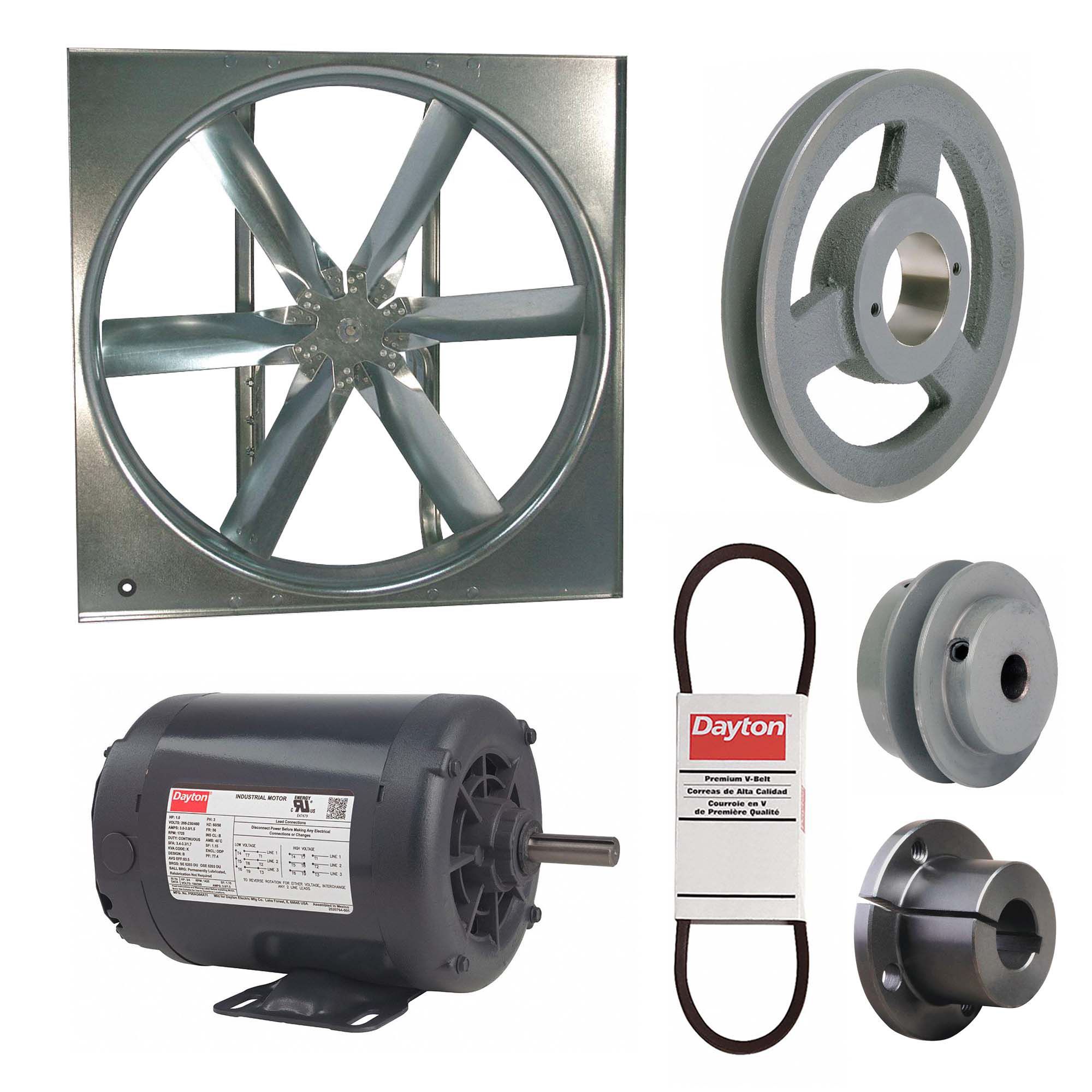 Supply Fan w/Drive Package: Belt Drive, 30 in Blade, Open Dripproof, 10, 078 cfm, 3 ph, 3/4 hp
