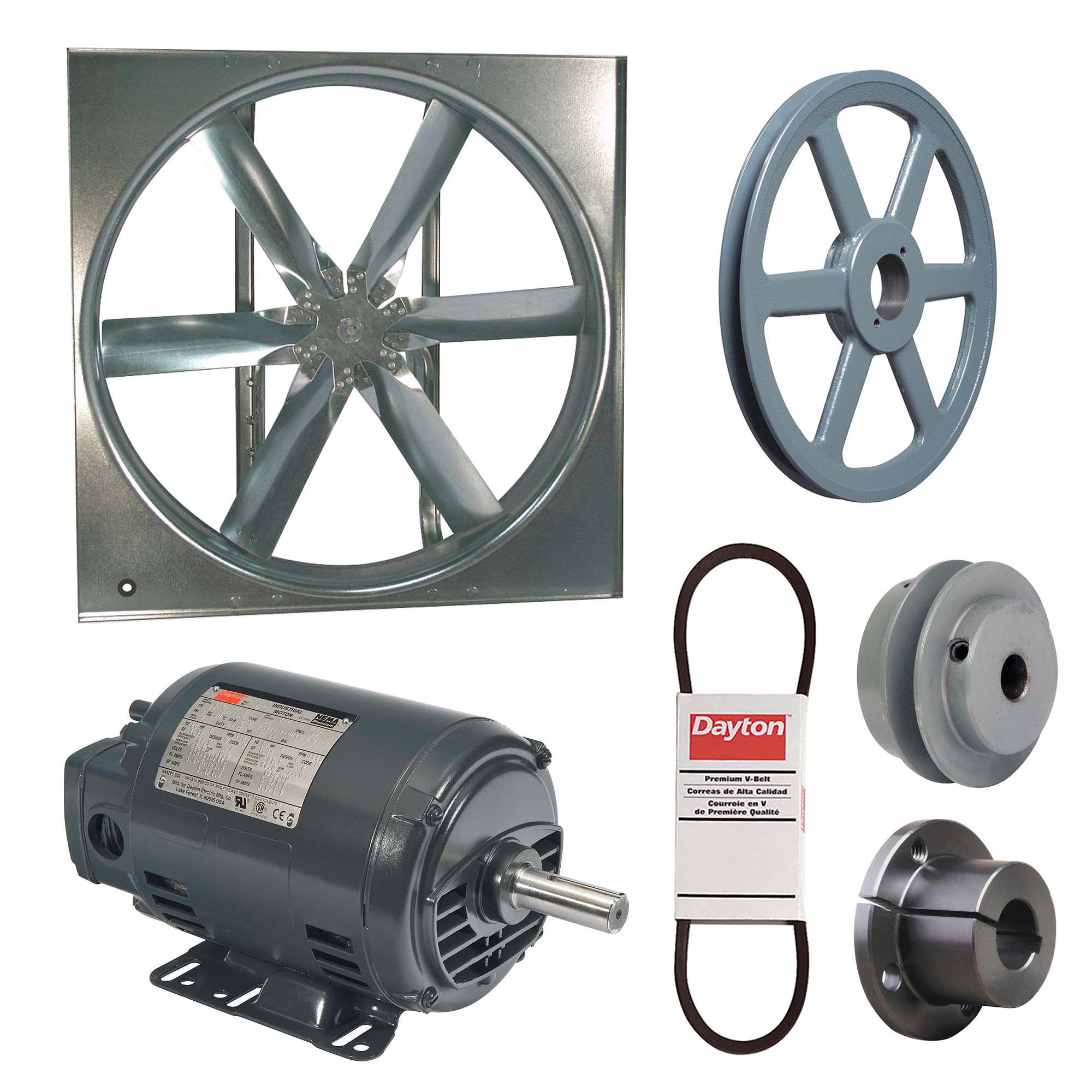 Supply Fan w/Drive Package: Belt Drive, 48 in Blade, Open Dripproof, 21, 827 cfm, 3 ph, 1 hp
