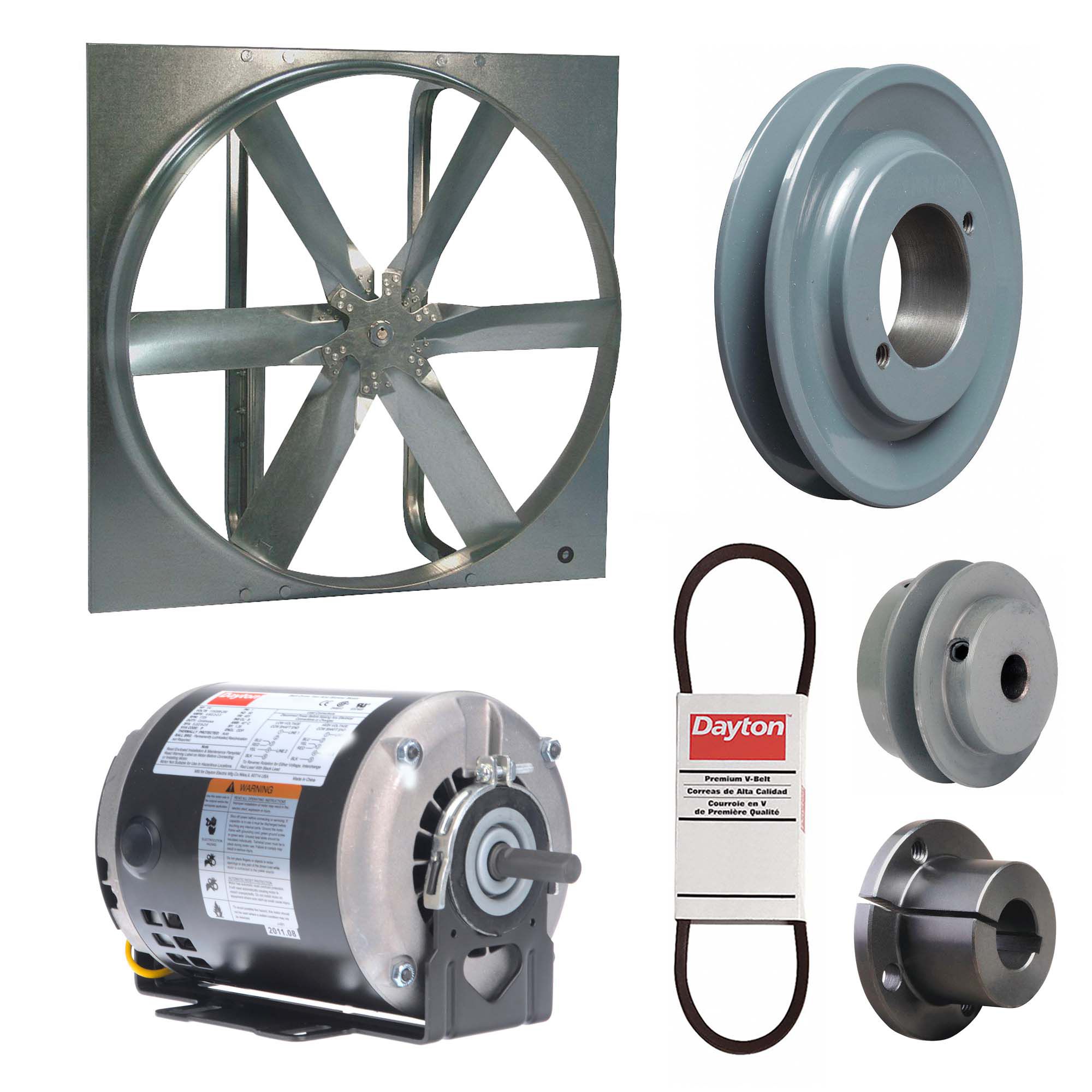 Exhaust Fan with Drive Package: Belt Drive, 20 in Blade, 1/4 hp, 3, 581 cfm, 115/208-230V AC, 1 ph