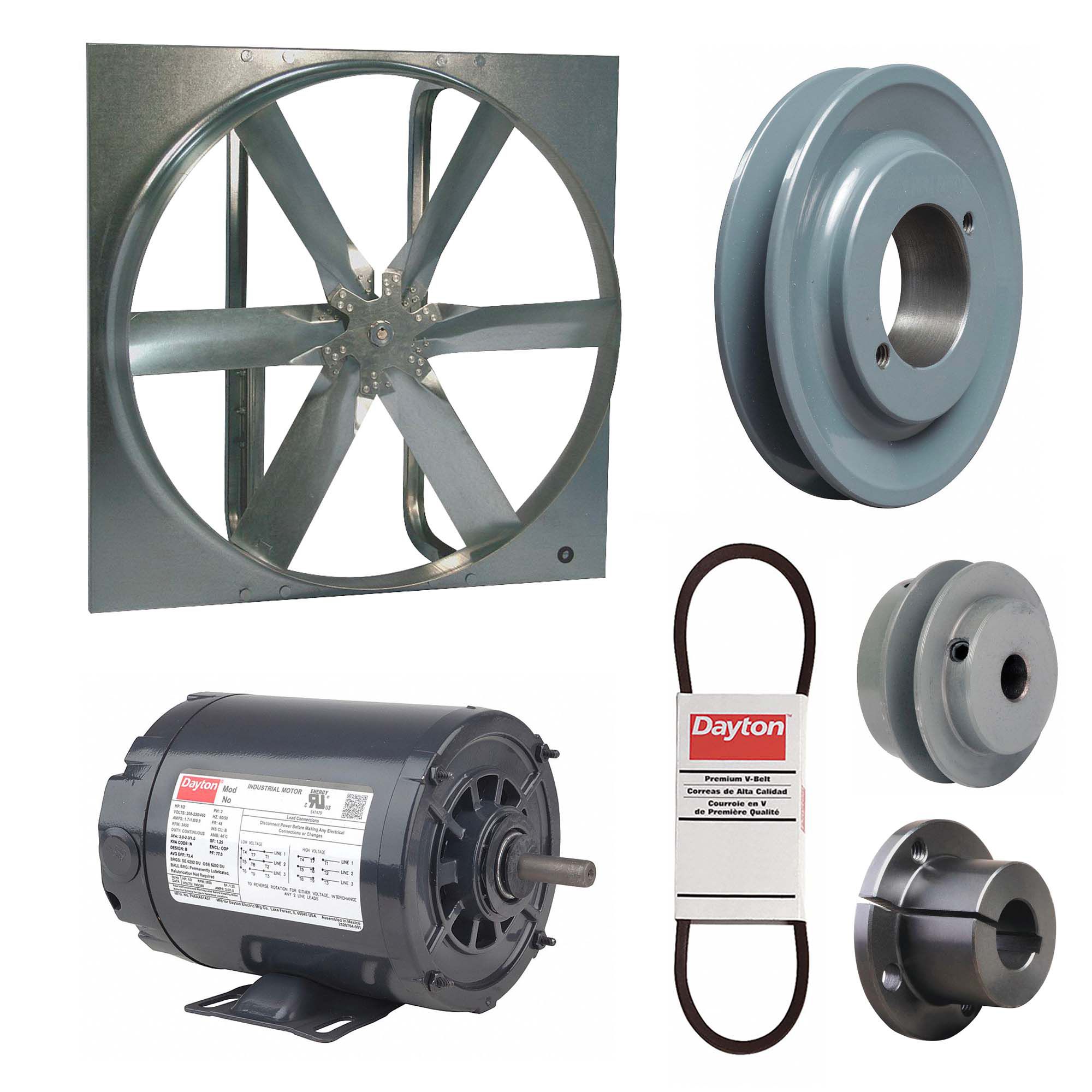 Exhaust Fan with Drive Package: Belt Drive, 20 in Blade, 1/4 hp, 3, 581 cfm, 230/460V AC, 3 ph