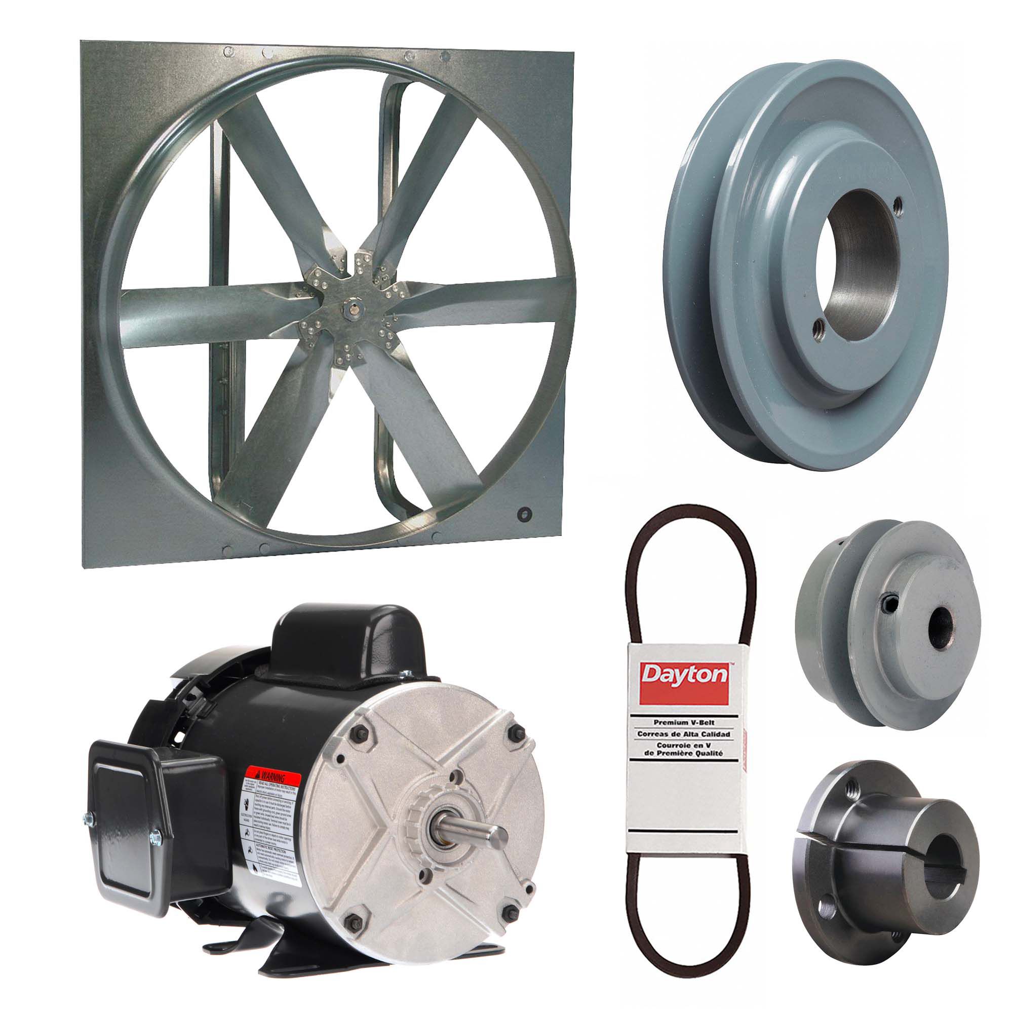 Exhaust Fan with Drive Package: Belt Drive, 20 in Blade, 1/4 hp, 3, 581 cfm, 115/208-230V AC, 1 ph