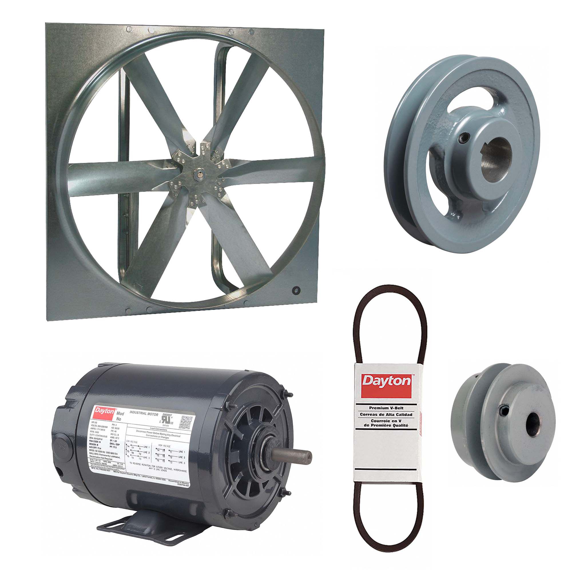 Exhaust Fan with Drive Package: Belt Drive, 20 in Blade, 1/3 hp, 3, 904 cfm, 230/460V AC, 3 ph