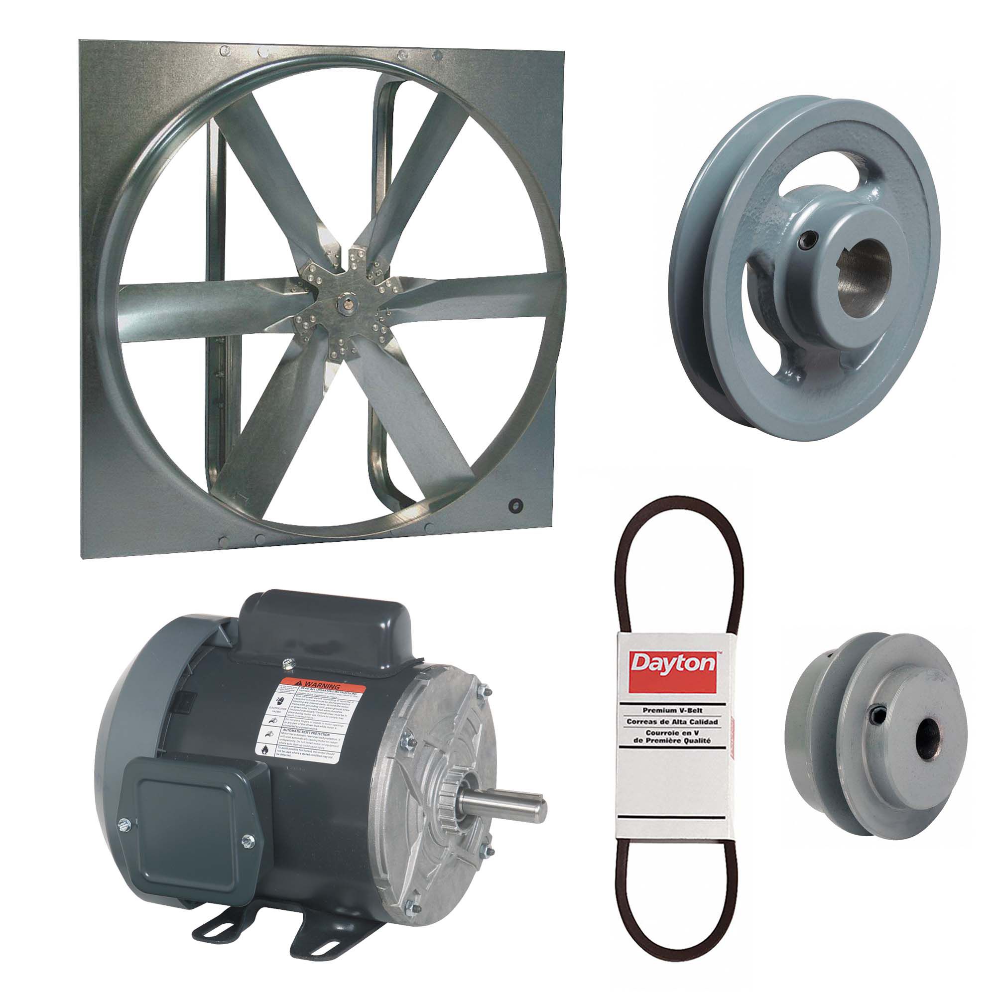 Exhaust Fan with Drive Package: Belt Drive, 20 in Blade, 1/3 hp, 3, 904 cfm, 115/208-230V AC, 1 ph