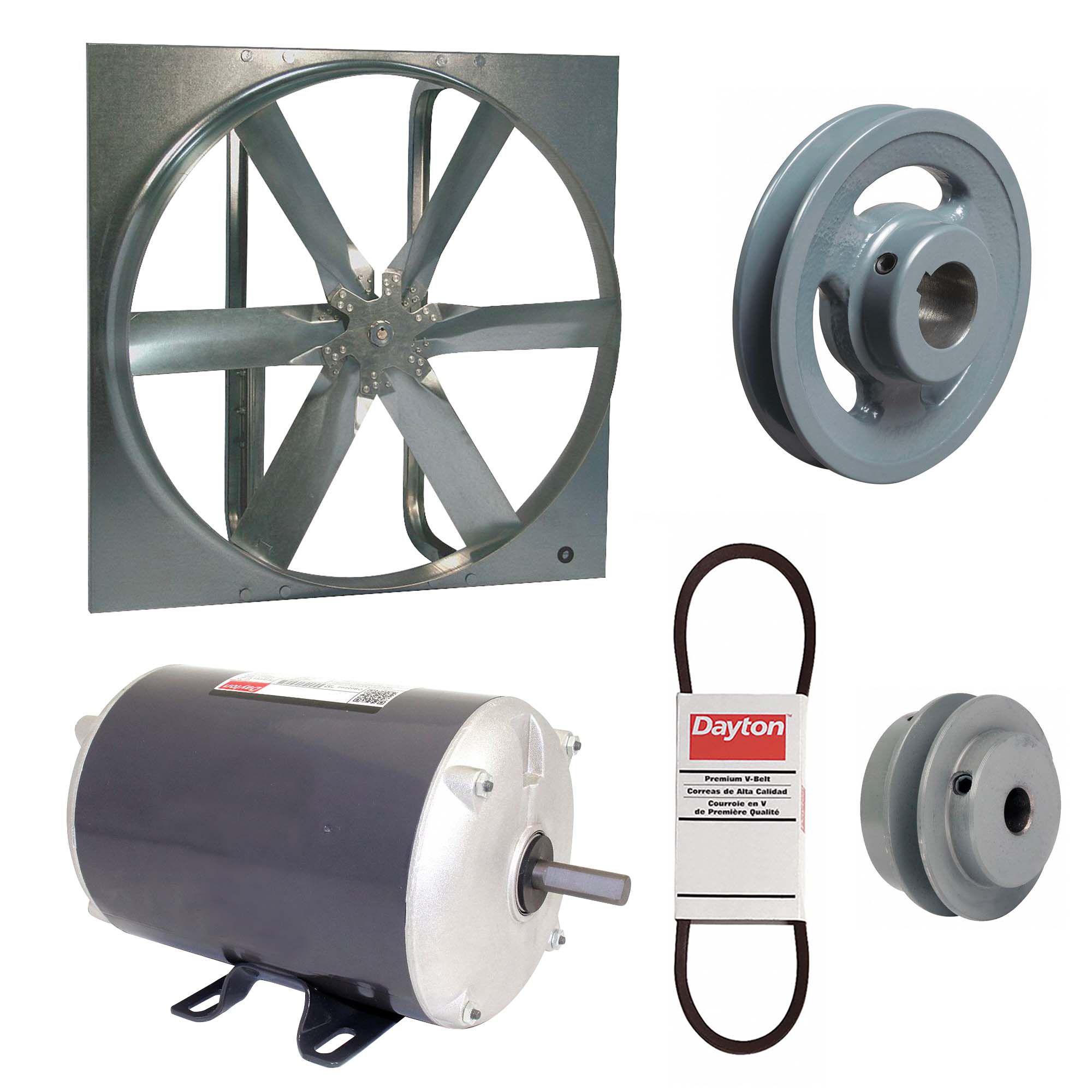 Exhaust Fan with Drive Package: Belt Drive, 20 in Blade, 1/3 hp, 3, 904 cfm, 208-230/460V AC, 3 ph