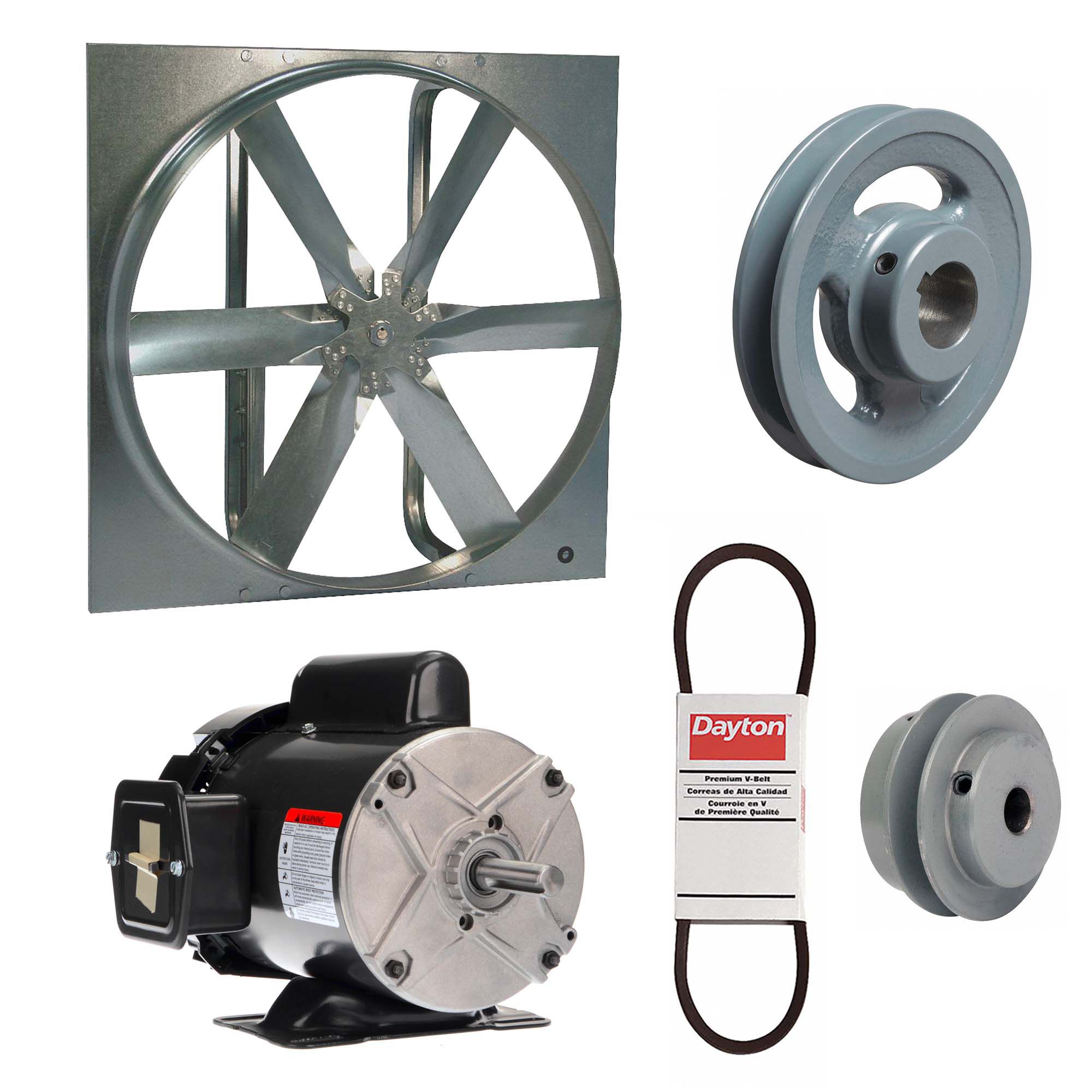 Exhaust Fan with Drive Package: Belt Drive, 20 in Blade, 1/2 hp, 4, 587 cfm, 115/208-230V AC, 1 ph