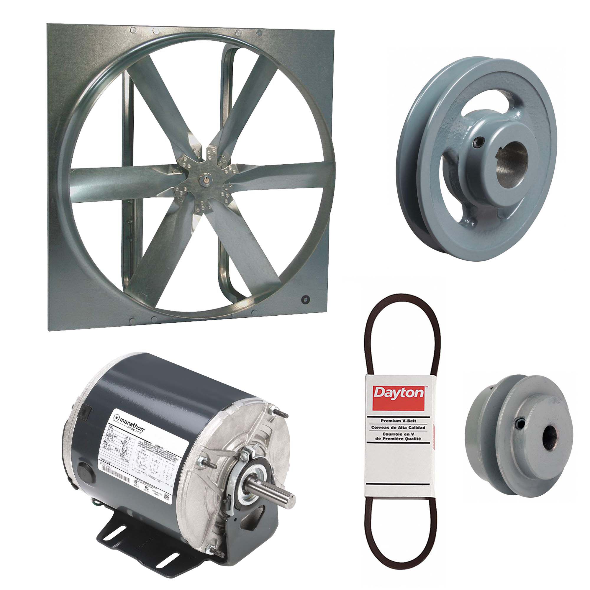 Exhaust Fan with Drive Package: Belt Drive, 20 in Blade, 1/2 hp, 4, 587 cfm, 208-230/460V AC, 3 ph