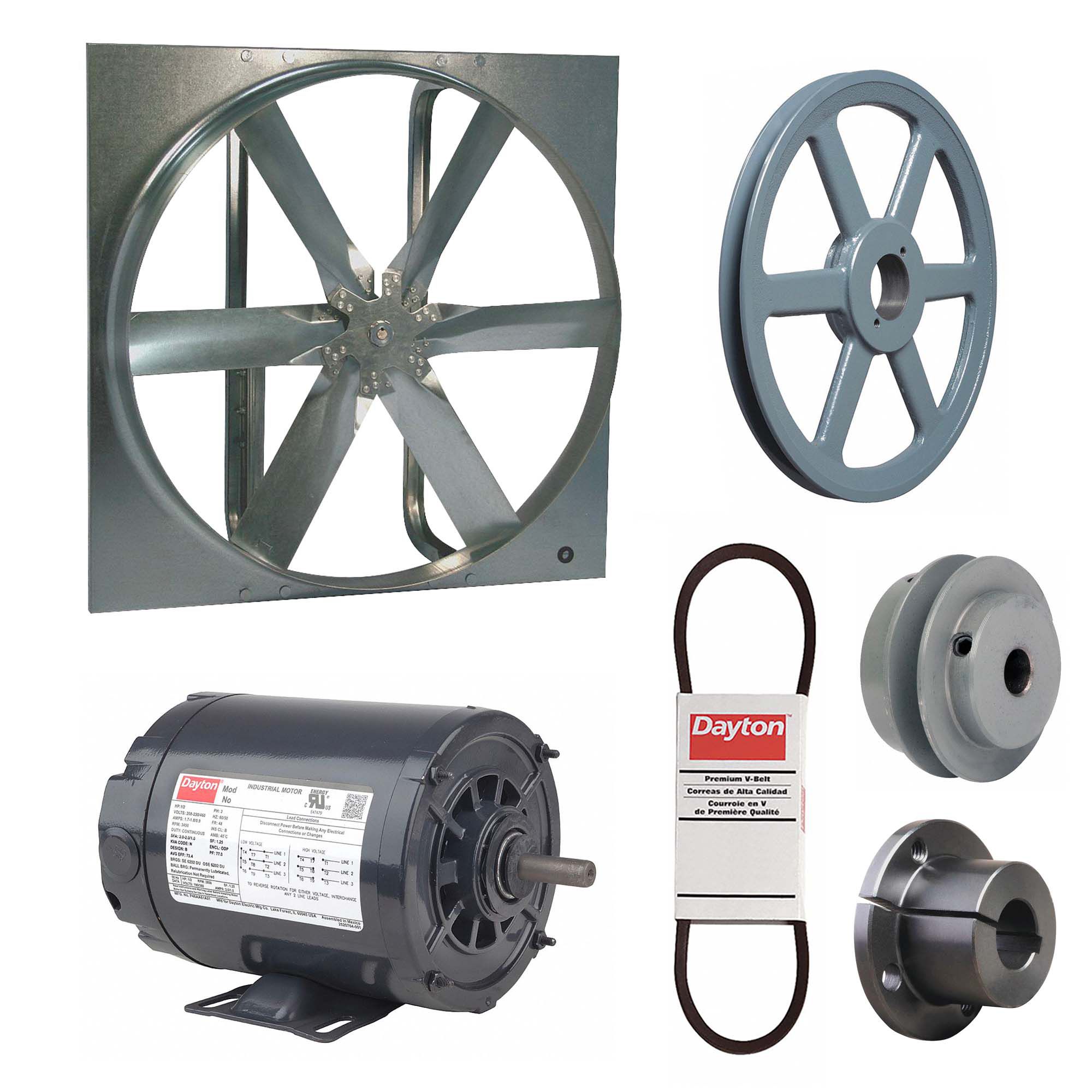 Exhaust Fan with Drive Package: Belt Drive, 24 in Blade, 1/4 hp, 4, 826 cfm, 230/460V AC, 3 ph