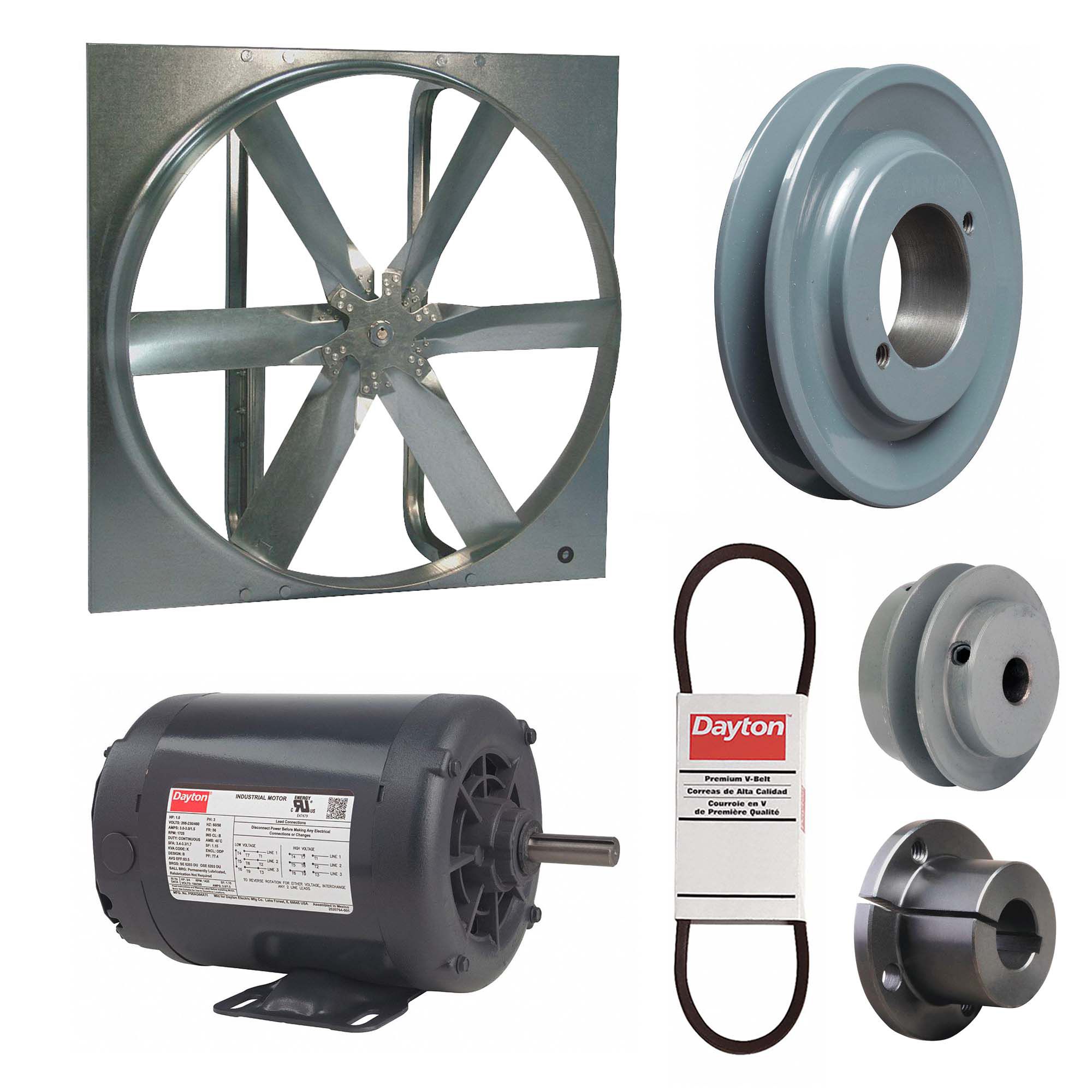 Exhaust Fan with Drive Package: Belt Drive, 24 in Blade, 1/2 hp, 6, 175 cfm, 230/460V AC, 3 ph