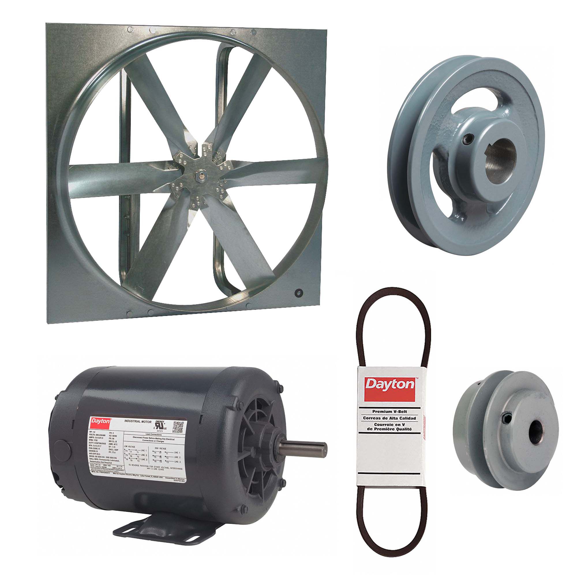 Exhaust Fan with Drive Package: Belt Drive, 24 in Blade, 3/4 hp, 7, 069 cfm, 208-230/460V AC, 3 ph