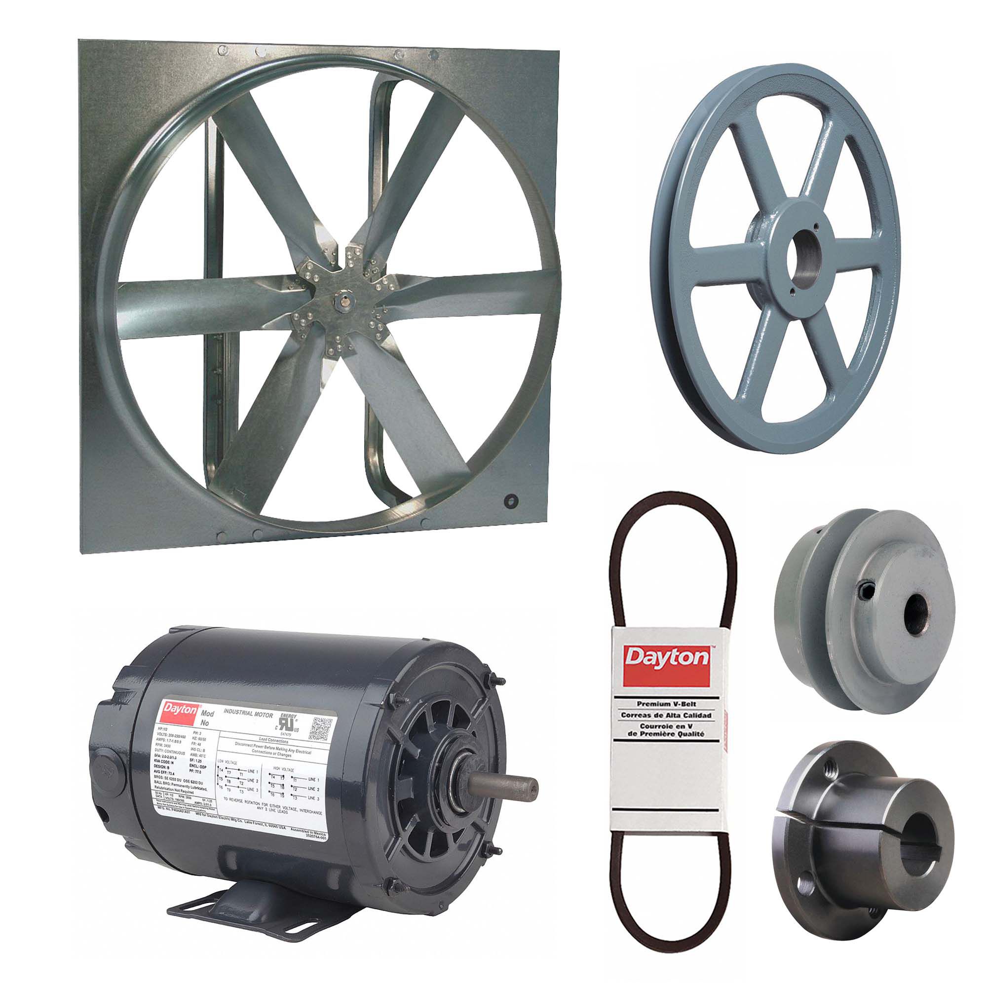 Exhaust Fan with Drive Package: Belt Drive, 30 in Blade, 1/3 hp, 7, 713 cfm, 230/460V AC, 3 ph