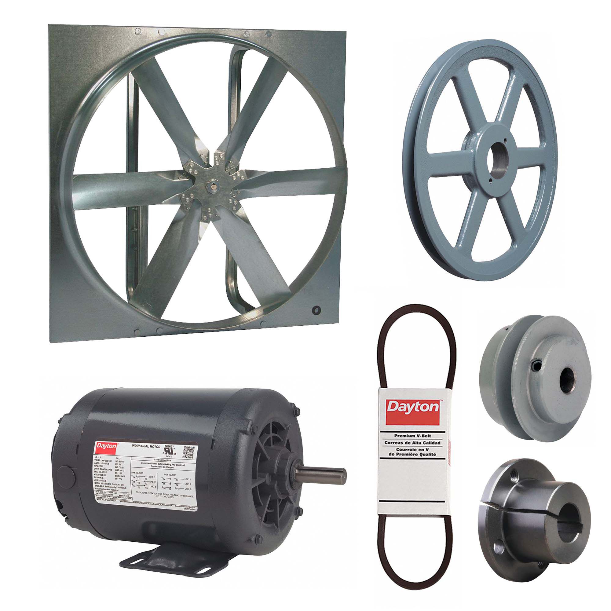 Exhaust Fan with Drive Package: Belt Drive, 30 in Blade, 1/2 hp, 8, 867 cfm, 230/460V AC, 3 ph