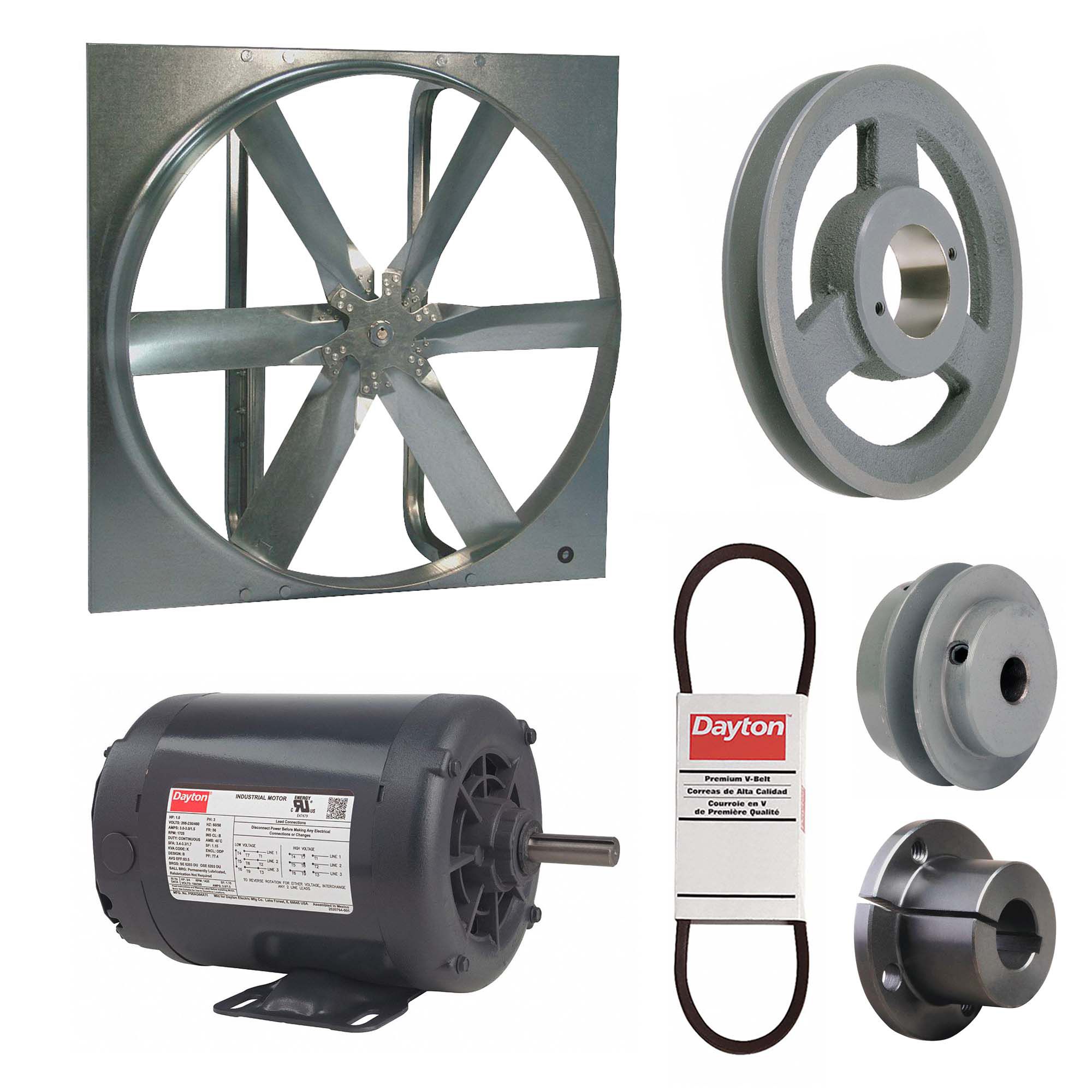 Exhaust Fan with Drive Package: Belt Drive, 30 in Blade, 3/4 hp, 10, 078 cfm, 208-230/460V AC, 3 ph