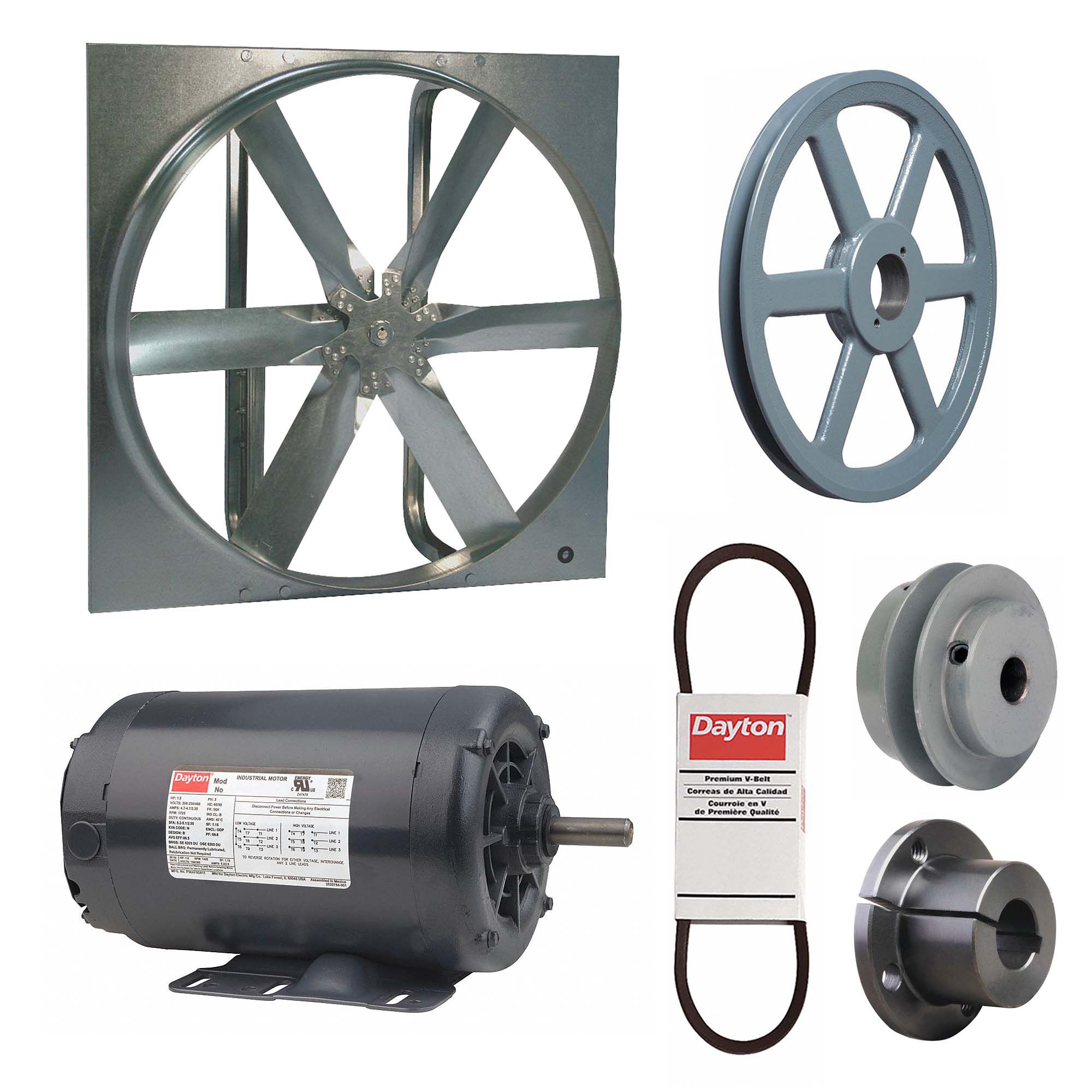 Exhaust Fan with Drive Package: Belt Drive, 30 in Blade, 1 hp, 11, 061 cfm, 230/460V AC, 3 ph