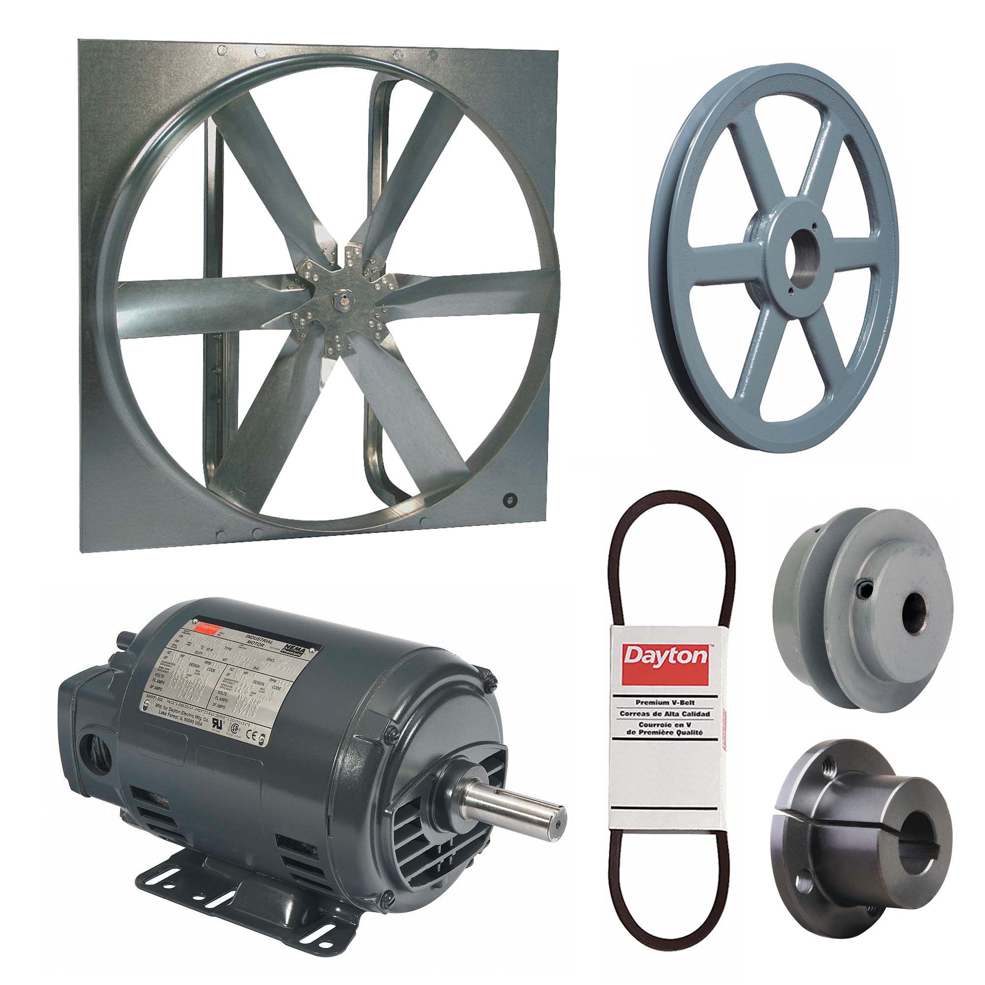 Exhaust Fan with Drive Package: Belt Drive, 36 in Blade, 1 1/2 hp, 17, 407 cfm, 208-230/460V AC, 3 ph