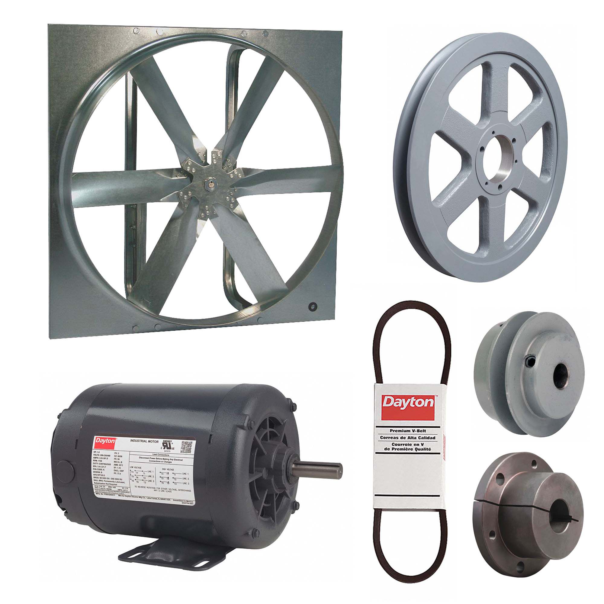 Exhaust Fan with Drive Package: Belt Drive, 48 in Blade, 1/2 hp, 17, 349 cfm, 230/460V AC, 3 ph