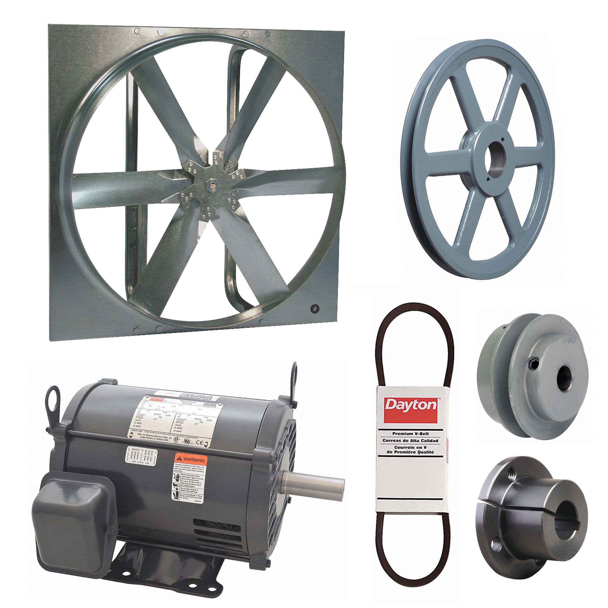 Exhaust Fan with Drive Package: Belt Drive, 48 in Blade, 3 hp, 31, 442 cfm, 208-230/460V AC, 3 ph