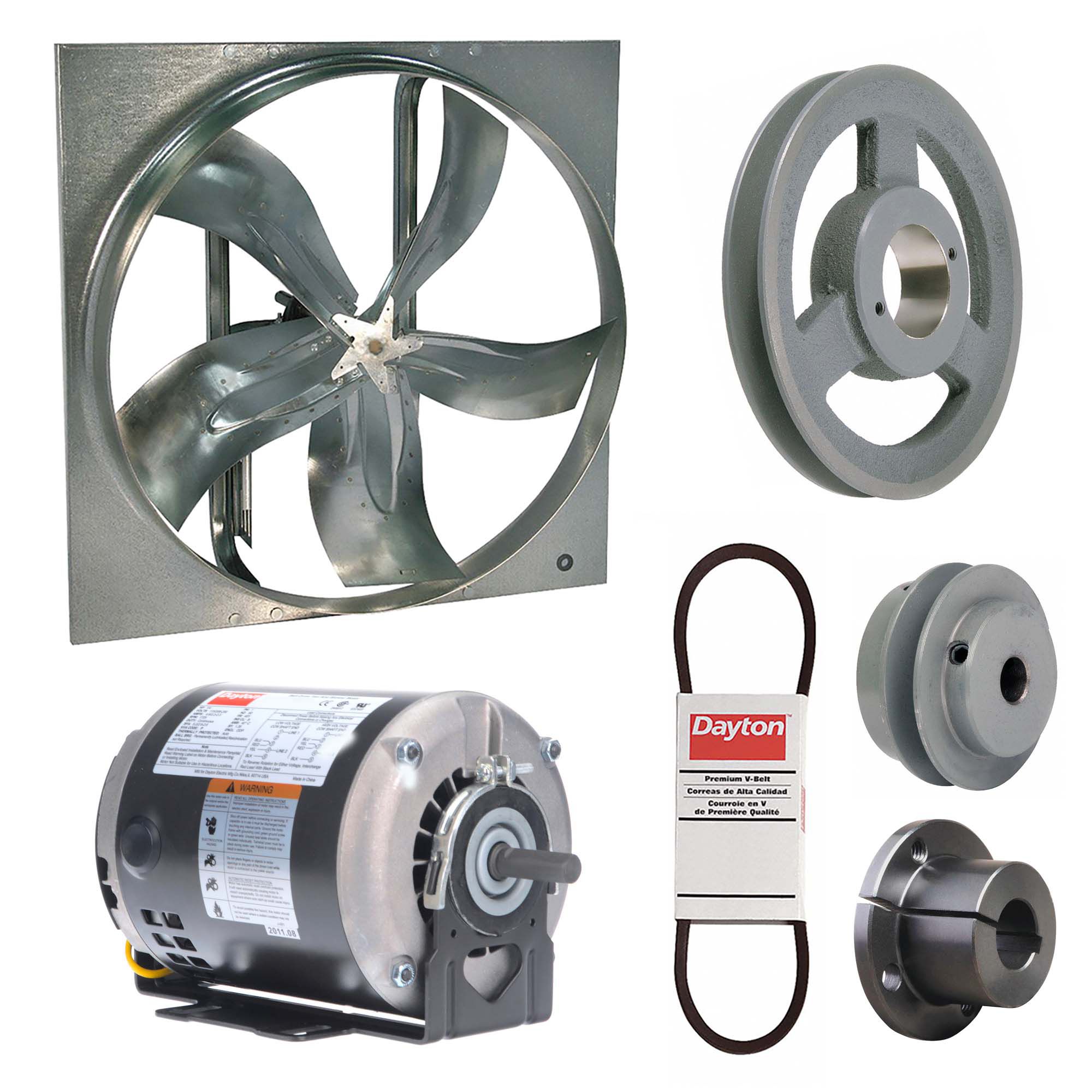 Exhaust Fan with Drive Package: Belt Drive, 20 in Blade, 1/4 hp, 4, 404 cfm, 115/208-230V AC, 1 ph
