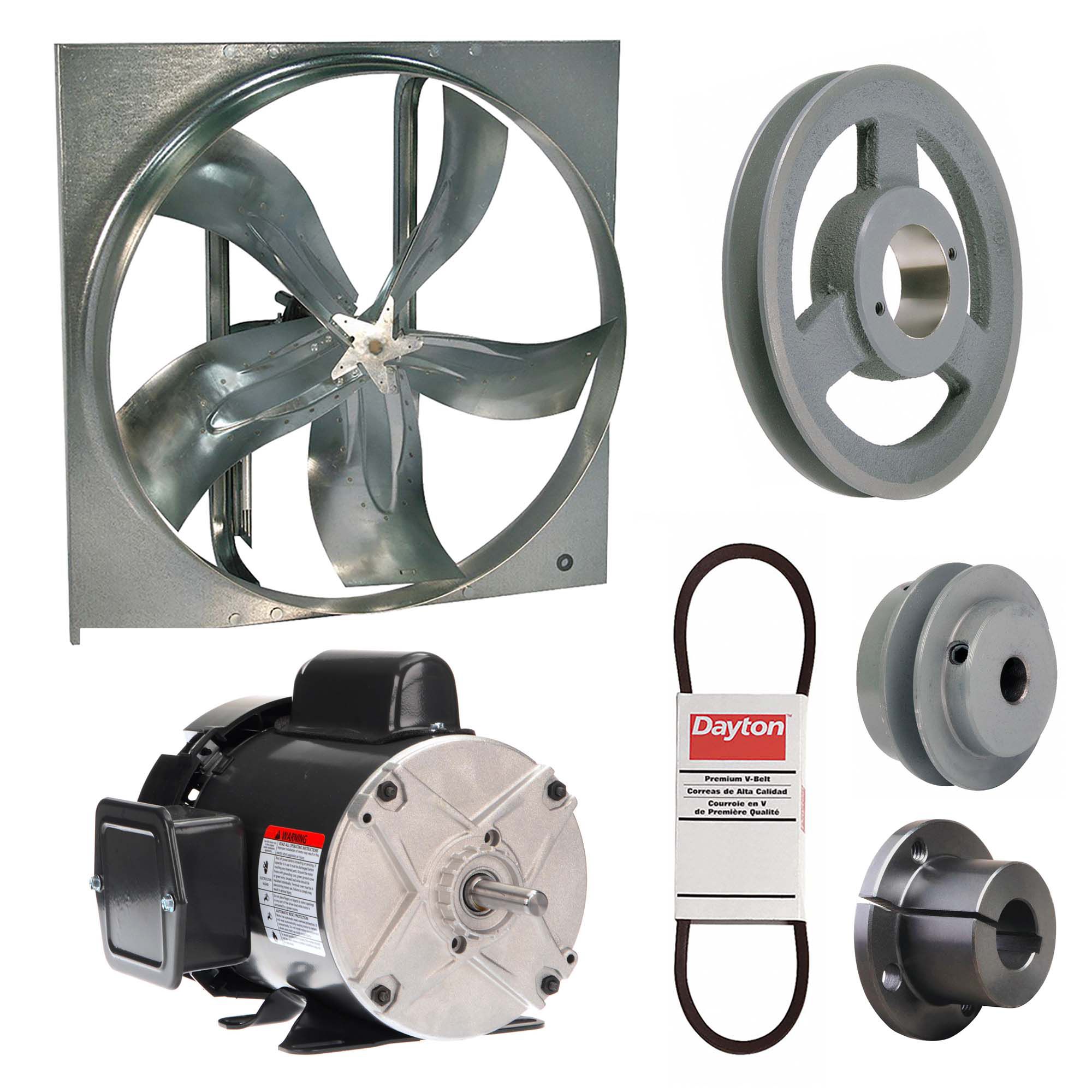 Exhaust Fan with Drive Package: Belt Drive, 20 in Blade, 1/4 hp, 4, 404 cfm, 115/208-230V AC, 1 ph