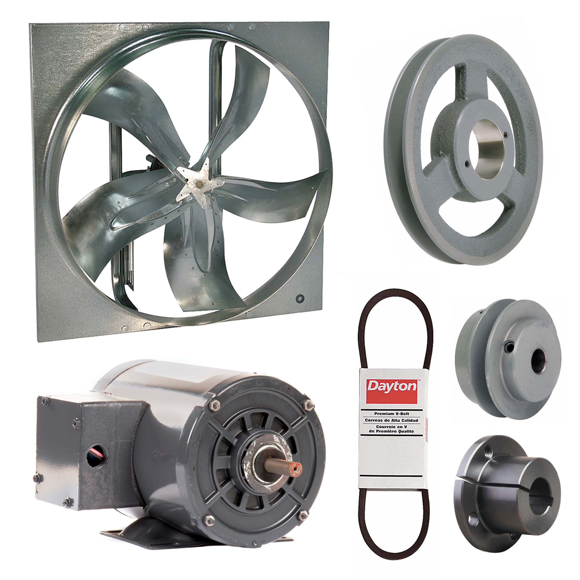 Exhaust Fan with Drive Package: Belt Drive, 20 in Blade, 1/4 hp, 4, 404 cfm, 208-230/460V AC, 3 ph