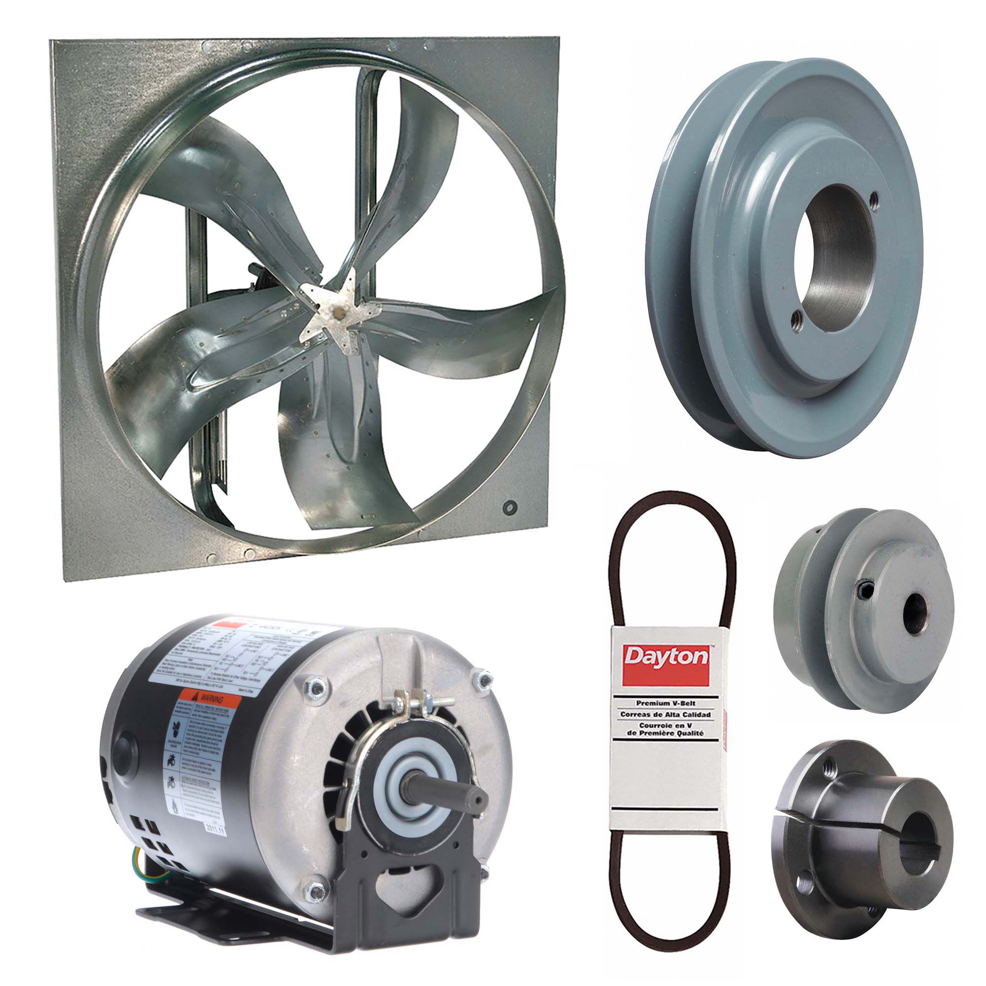 Exhaust Fan with Drive Package: Belt Drive, 20 in Blade, 1/3 hp, 4, 844 cfm, 115/208-230V AC, 1 ph