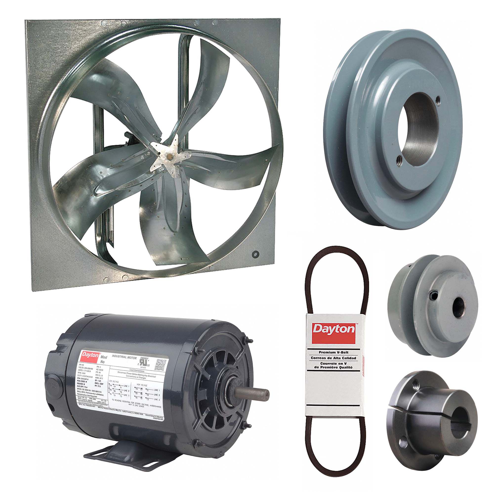 Exhaust Fan with Drive Package: Belt Drive, 20 in Blade, 1/3 hp, 4, 844 cfm, 230/460V AC, 3 ph
