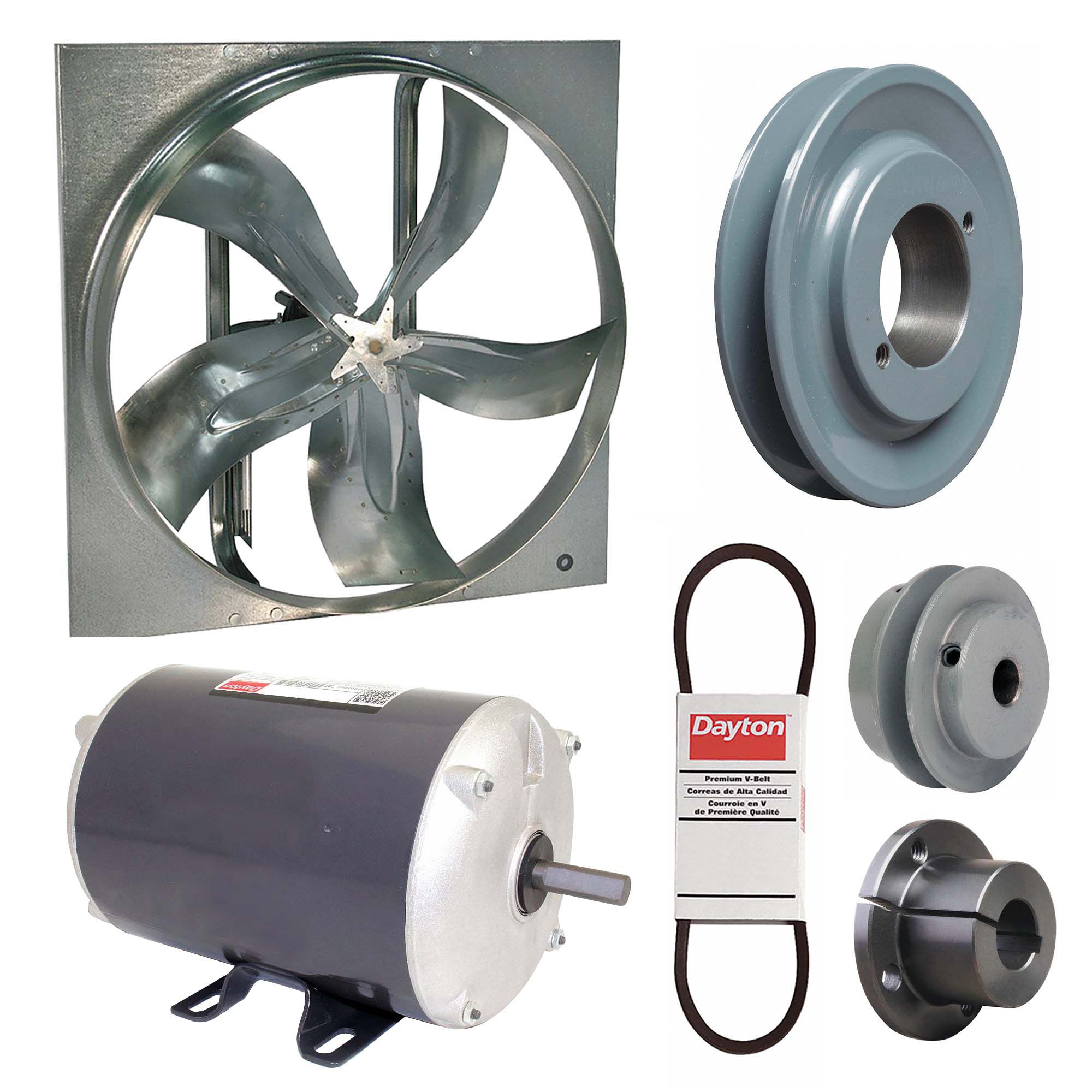 Exhaust Fan with Drive Package: Belt Drive, 20 in Blade, 1/3 hp, 4, 844 cfm, 208-230/460V AC, 3 ph