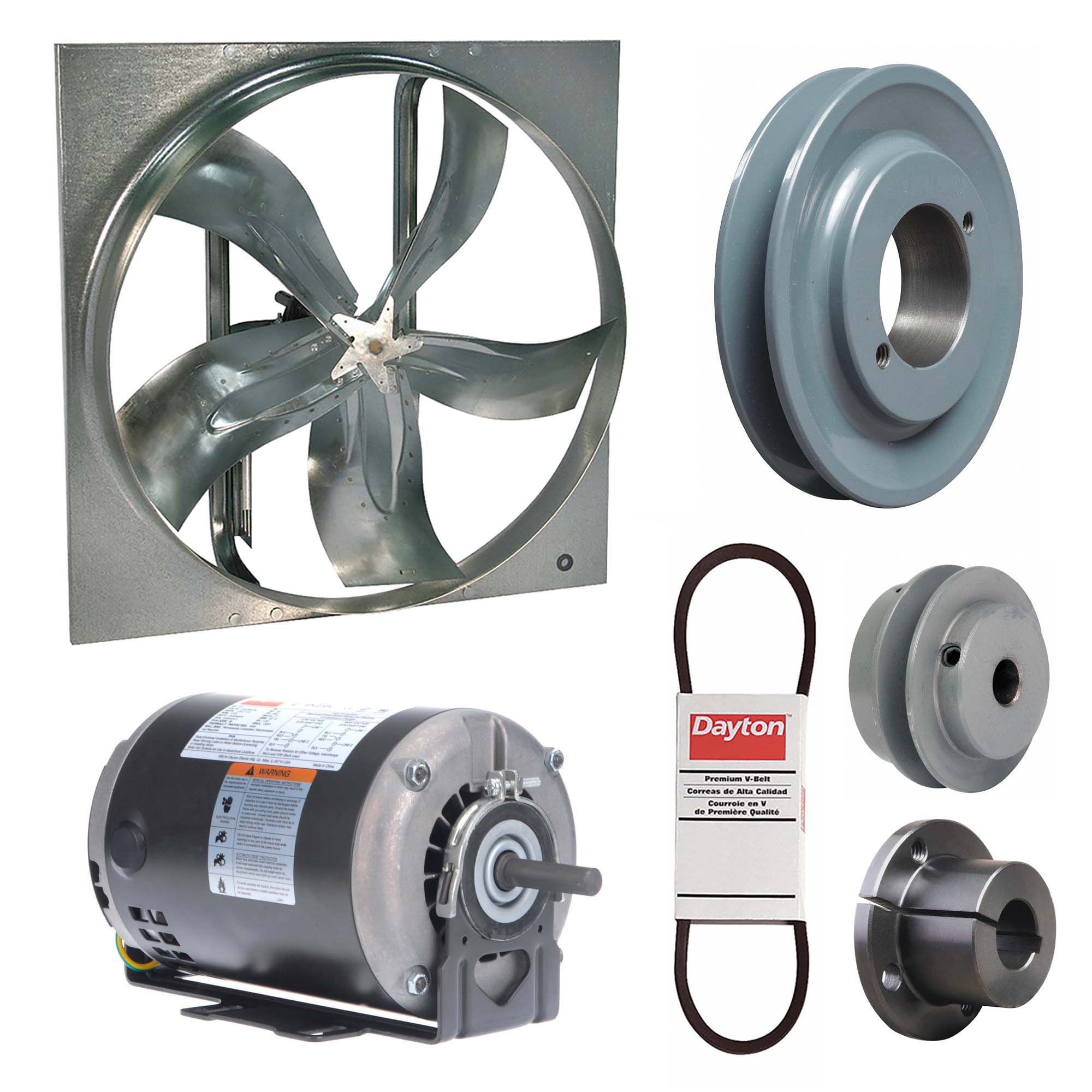 Exhaust Fan with Drive Package: Belt Drive, 20 in Blade, 1/2 hp, 5, 550 cfm, 115/208-230V AC, 1 ph