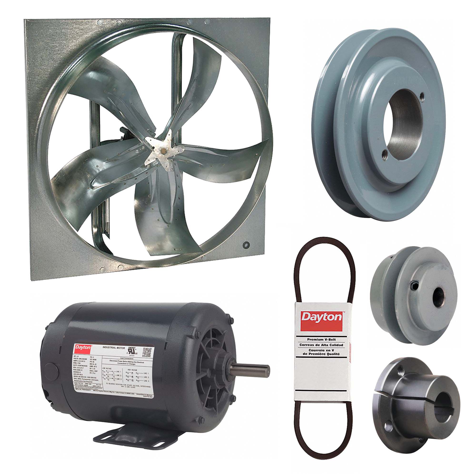 Exhaust Fan with Drive Package: Belt Drive, 20 in Blade, 1/2 hp, 5, 550 cfm, 230/460V AC, 3 ph