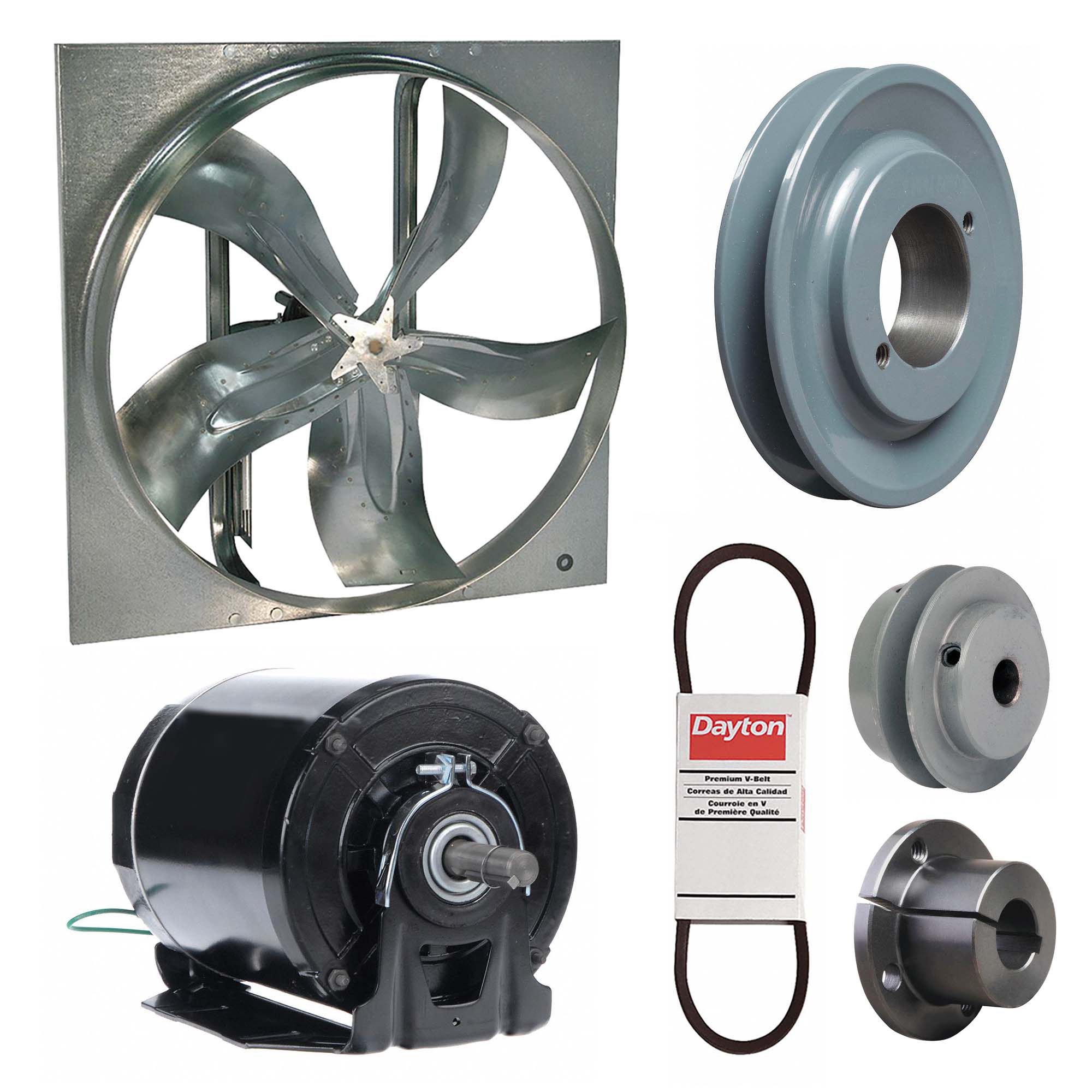 Exhaust Fan with Drive Package: Belt Drive, 20 in Blade, 1/2 hp, 5, 550 cfm, 115/208-230V AC, 1 ph