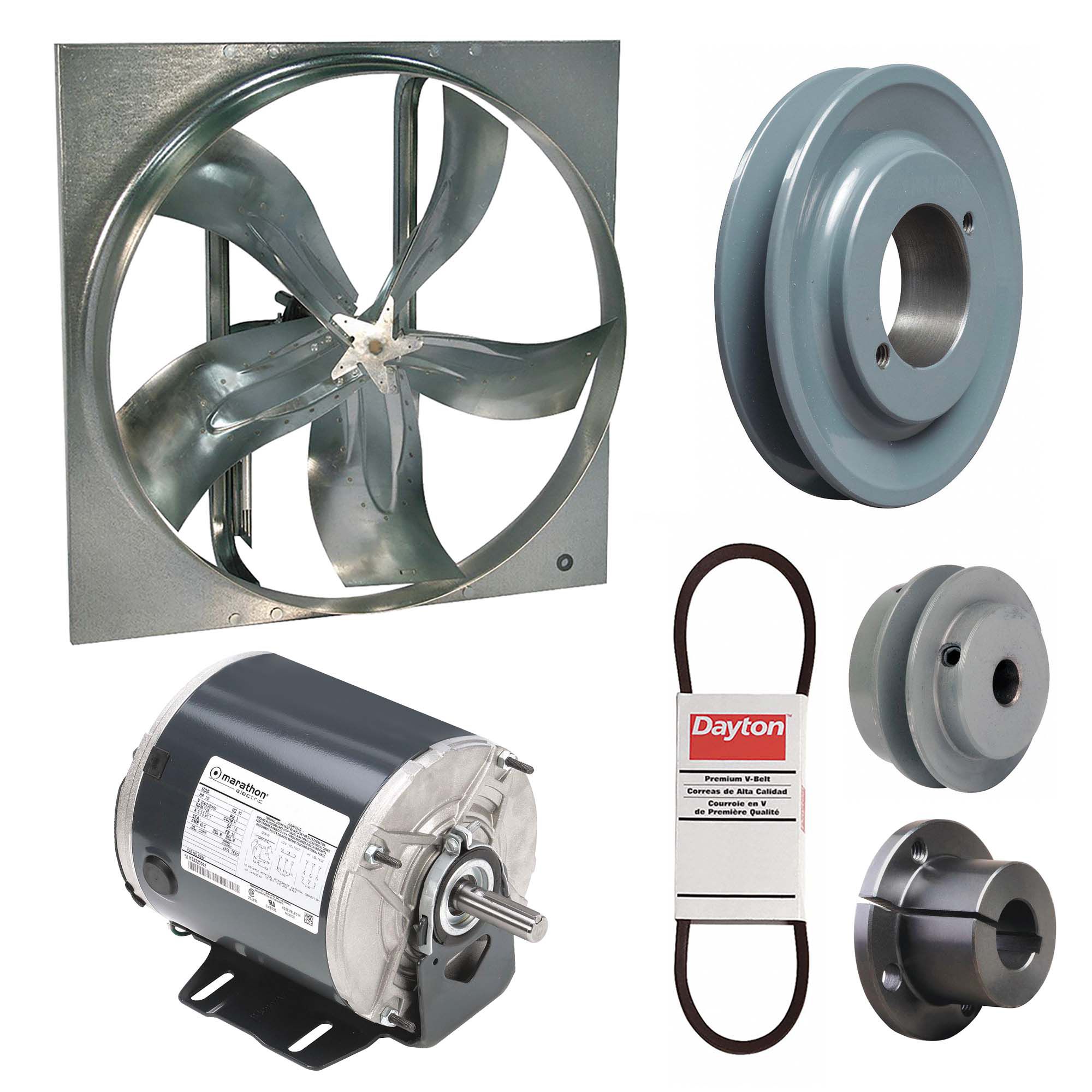 Exhaust Fan with Drive Package: Belt Drive, 20 in Blade, 1/2 hp, 5, 550 cfm, 208-230/460V AC, 3 ph