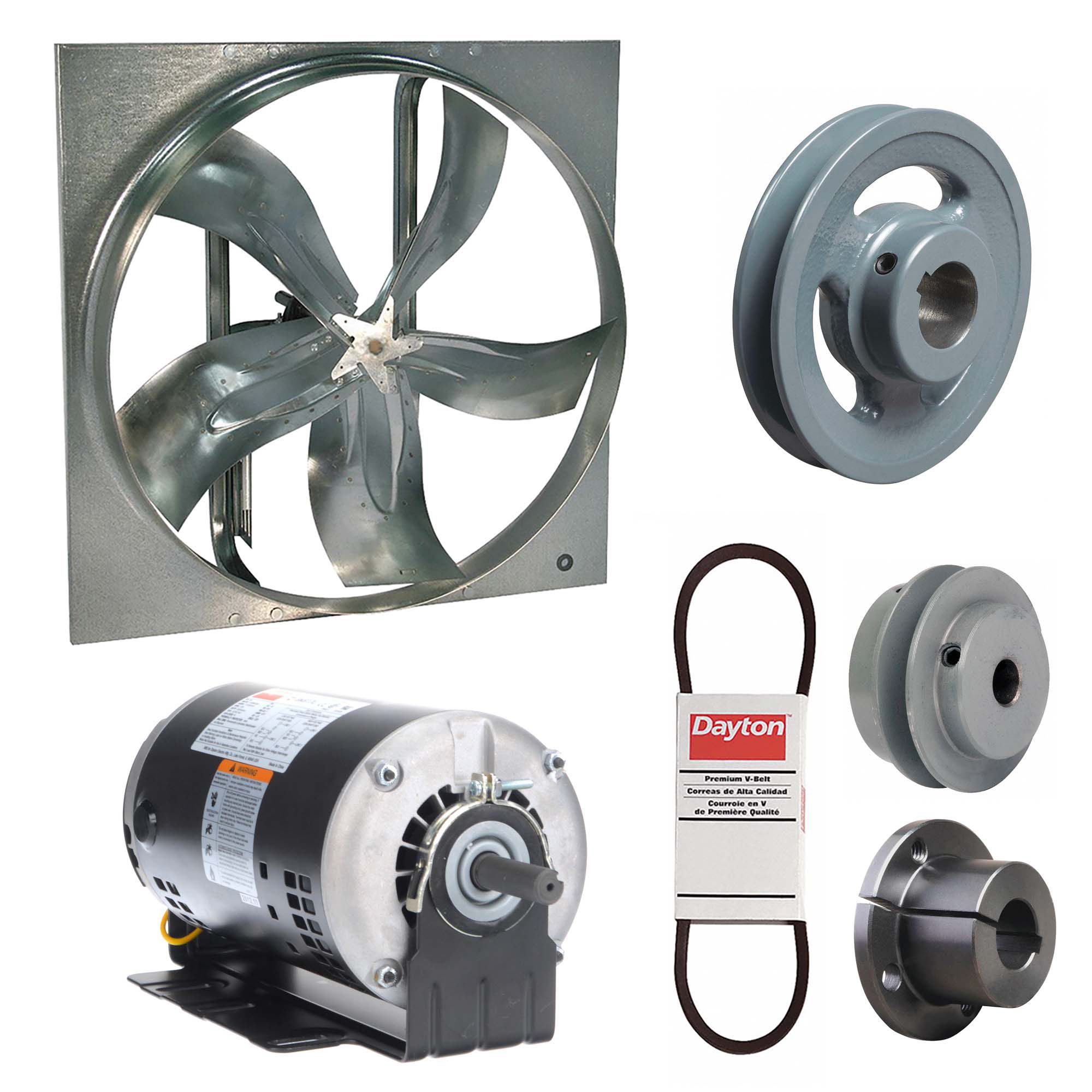Exhaust Fan with Drive Package: Belt Drive, 20 in Blade, 3/4 hp, 6, 348 cfm, 115/208-230V AC, 1 ph