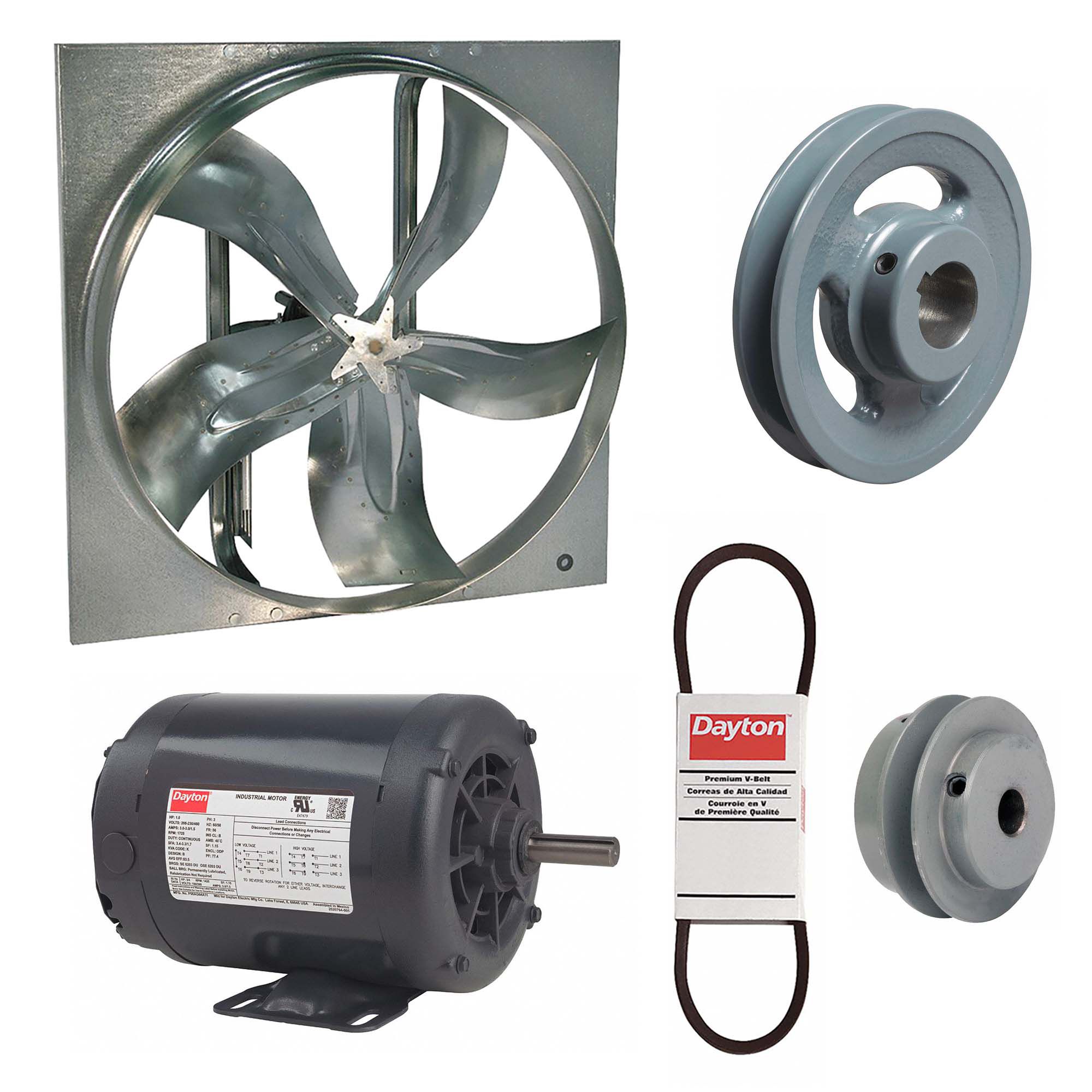 Exhaust Fan with Drive Package: Belt Drive, 20 in Blade, 3/4 hp, 6, 348 cfm, 208-230/460V AC, 3 ph
