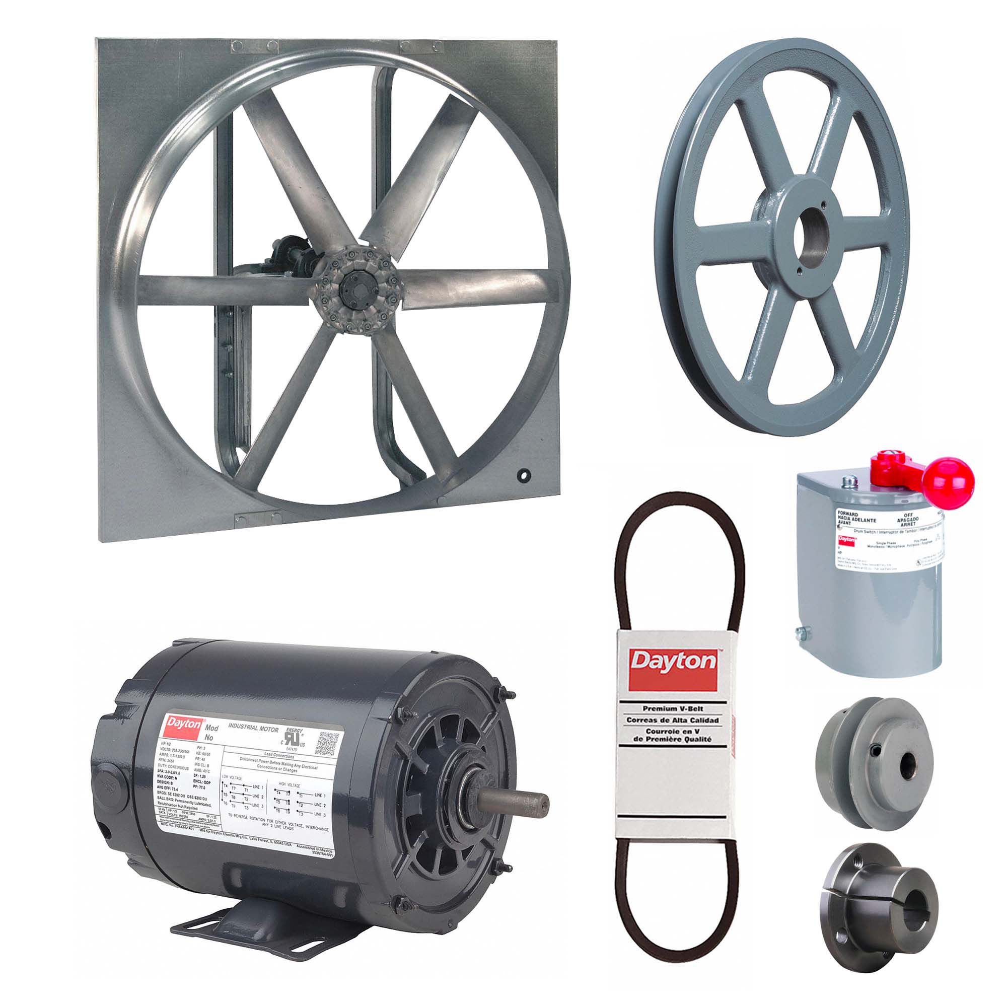 Exhaust/Supply Fan: Belt Drive, 30 in Blade, 1/3 hp, Open Dripproof, 230/460V AC, 3 ph, Unassembled