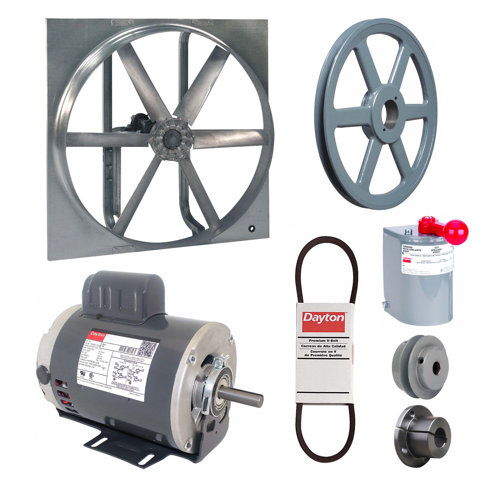 Exhaust/Supply Fan: Belt Drive, 30 in Blade, 3/4 hp, Open Dripproof, 115/230V AC, 1 ph, Unassembled