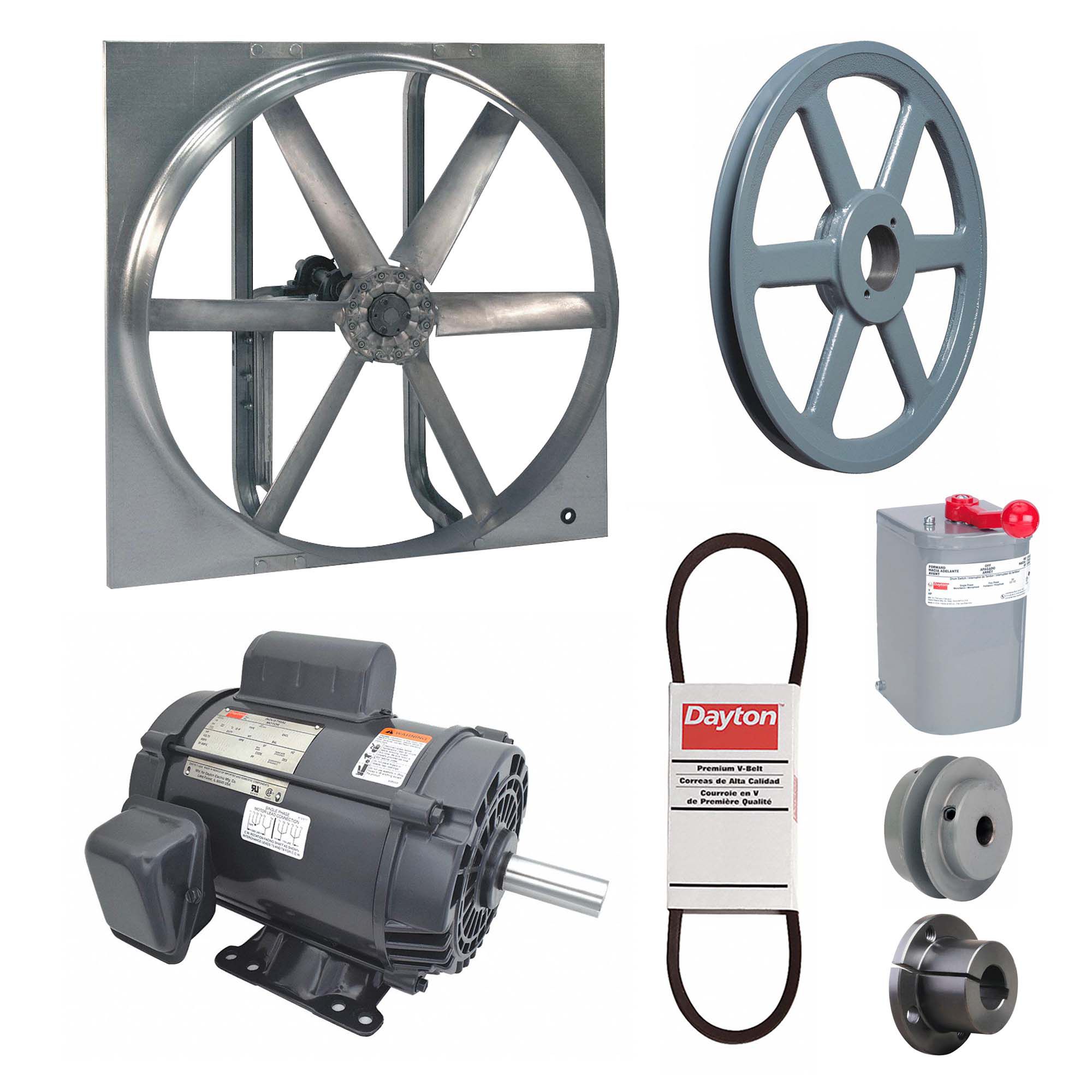 Exhaust/Supply Fan: Belt Drive, 36 in Blade, 3 hp, Open Dripproof, 115/230V AC, 1 ph, Unassembled