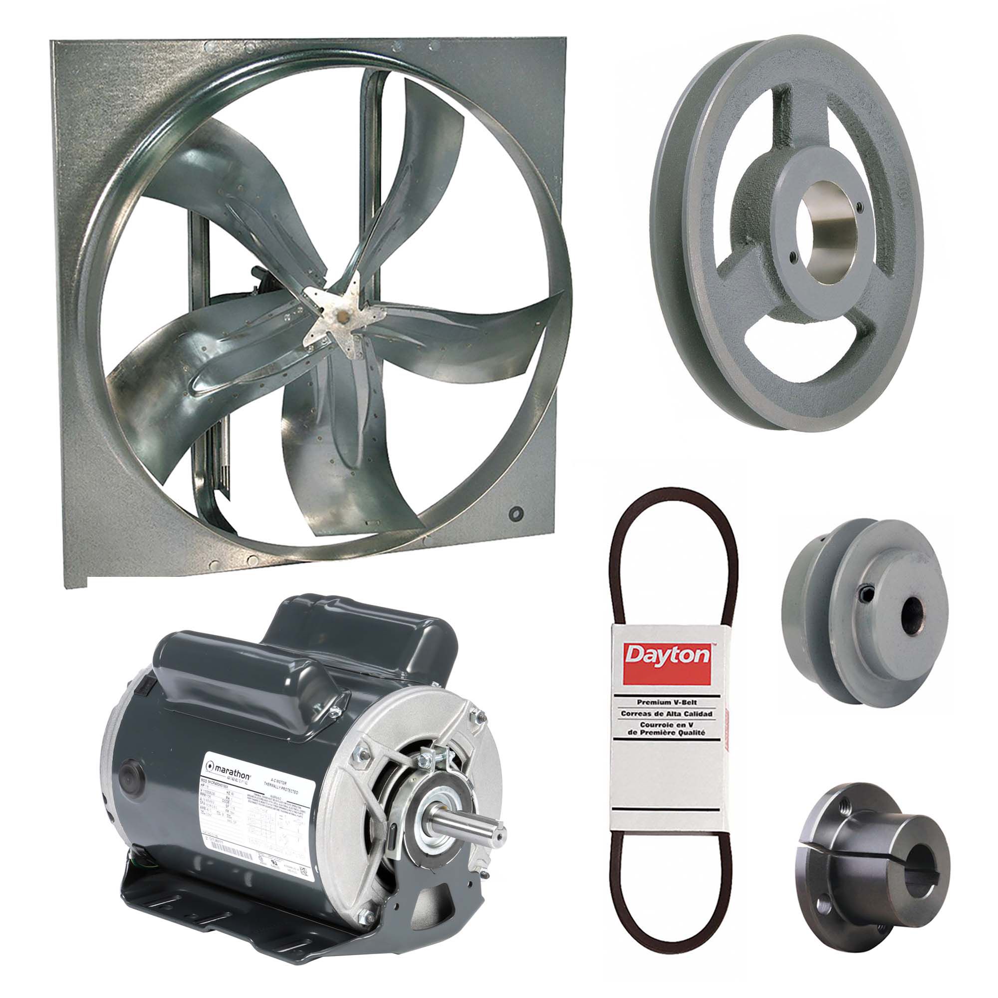 Exhaust Fan with Drive Package: Belt Drive, 24 in Blade, 1 1/2 hp, 10, 002 cfm, 115/208-230V AC, 1 ph