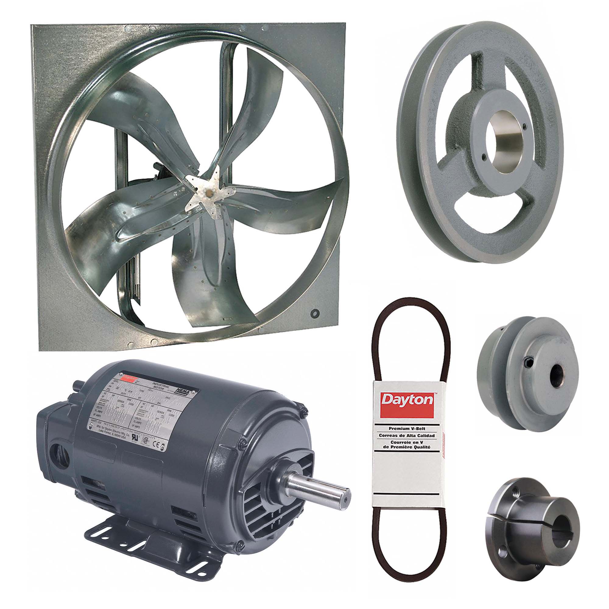 Exhaust Fan with Drive Package: Belt Drive, 24 in Blade, 1 1/2 hp, 10, 002 cfm, 208-230/460V AC, 3 ph