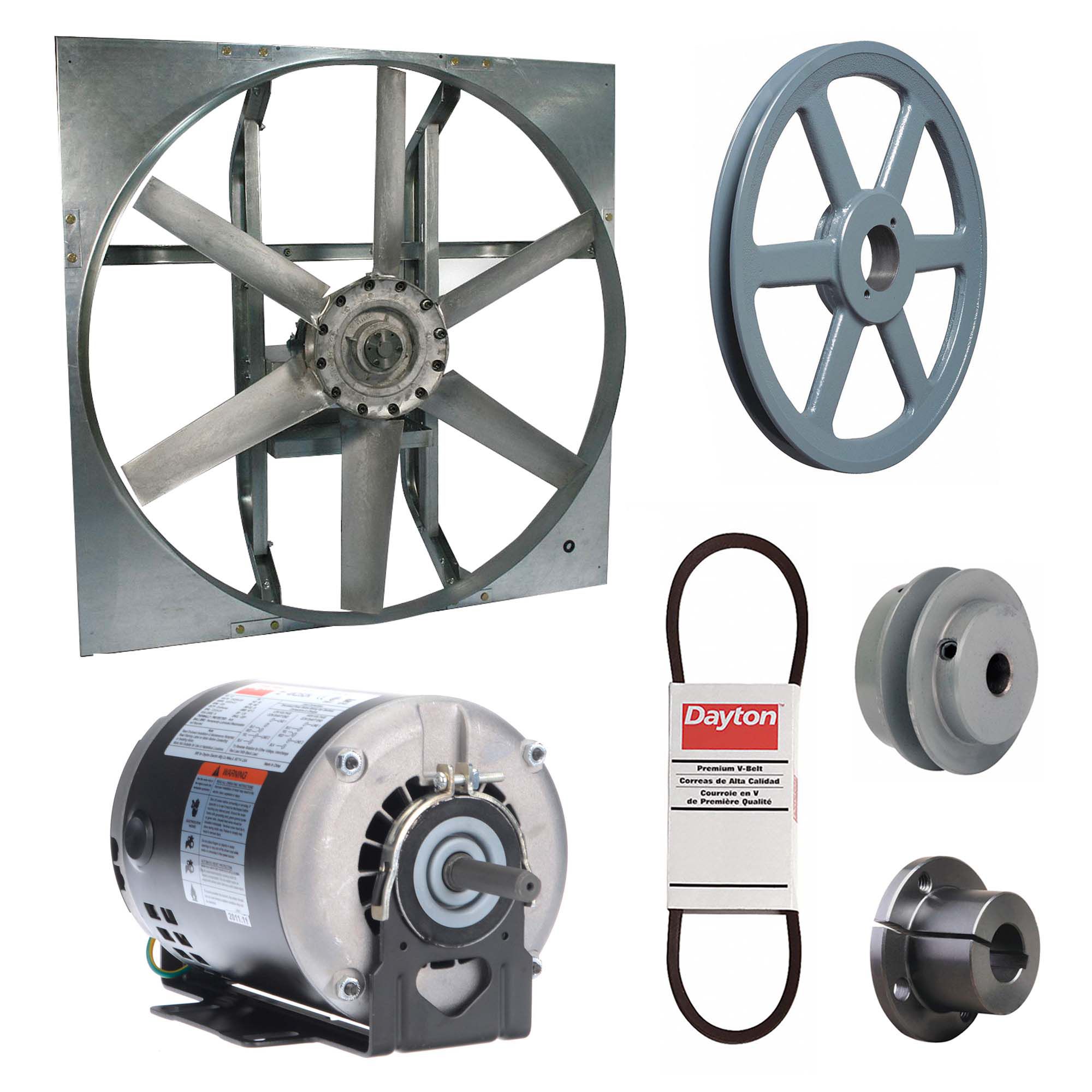 Exhaust Fan with Drive Package: Belt Drive, 24 in Blade, 1/3 hp, 5, 608 cfm, 115/208-230V AC, 1 ph