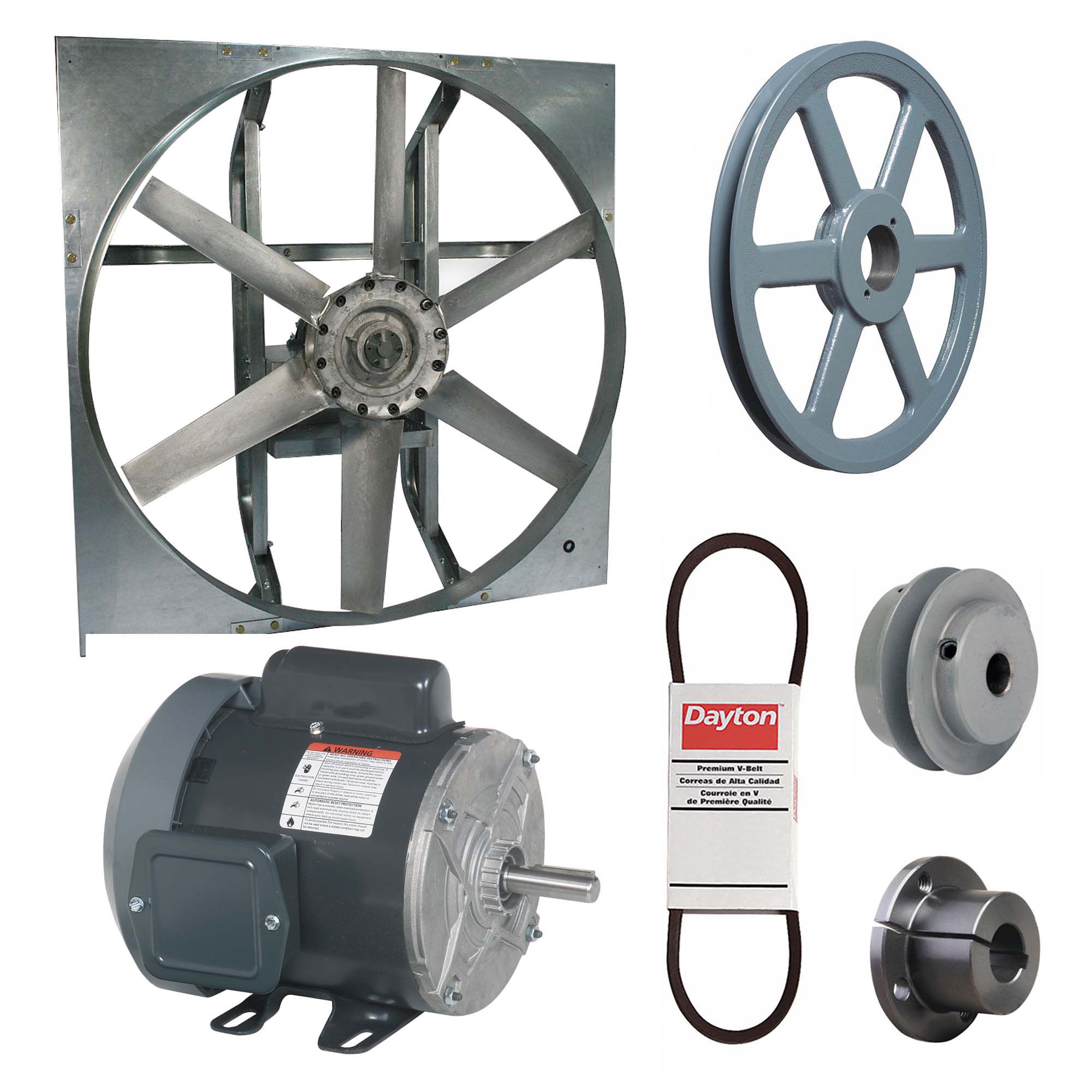 Exhaust Fan with Drive Package: Belt Drive, 24 in Blade, 1/3 hp, 5, 608 cfm, 115/208-230V AC, 1 ph