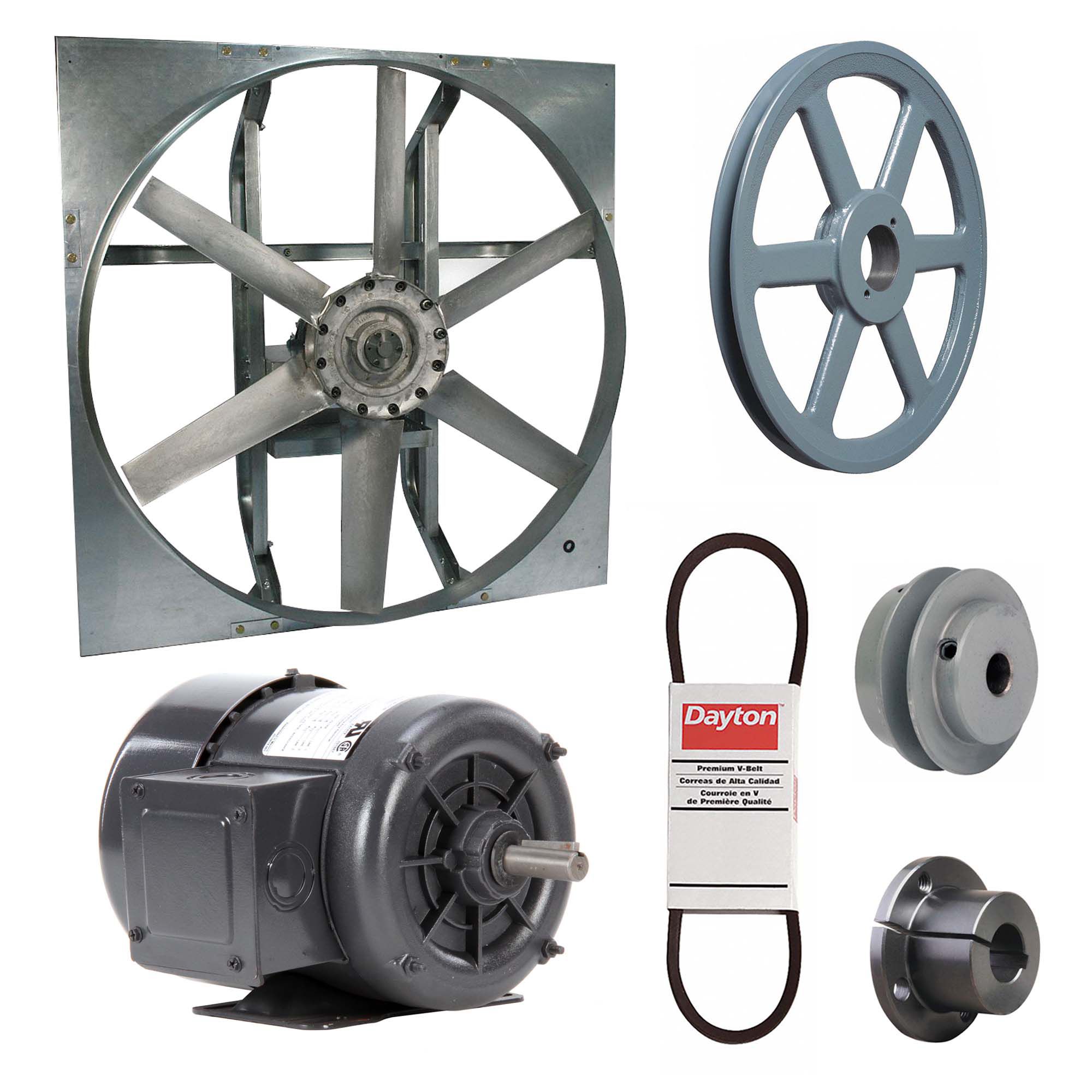 Exhaust Fan with Drive Package: Belt Drive, 24 in Blade, 1/3 hp, 5, 608 cfm, 230/460V AC, 3 ph