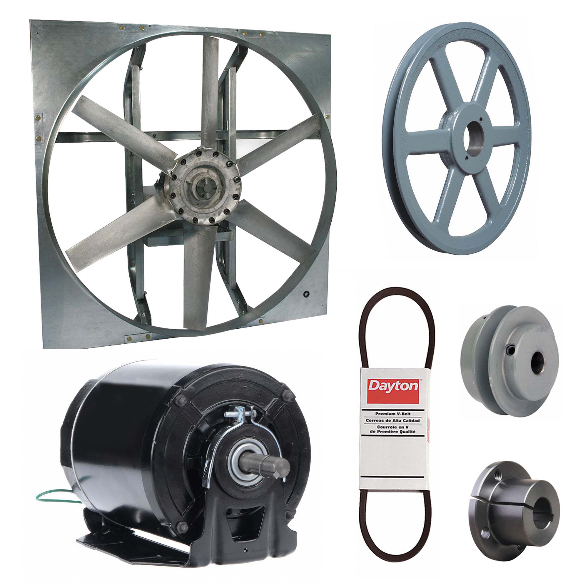 Exhaust Fan with Drive Package: Belt Drive, 30 in Blade, 1/2 hp, 9, 474 cfm, 115/208-230V AC, 1 ph