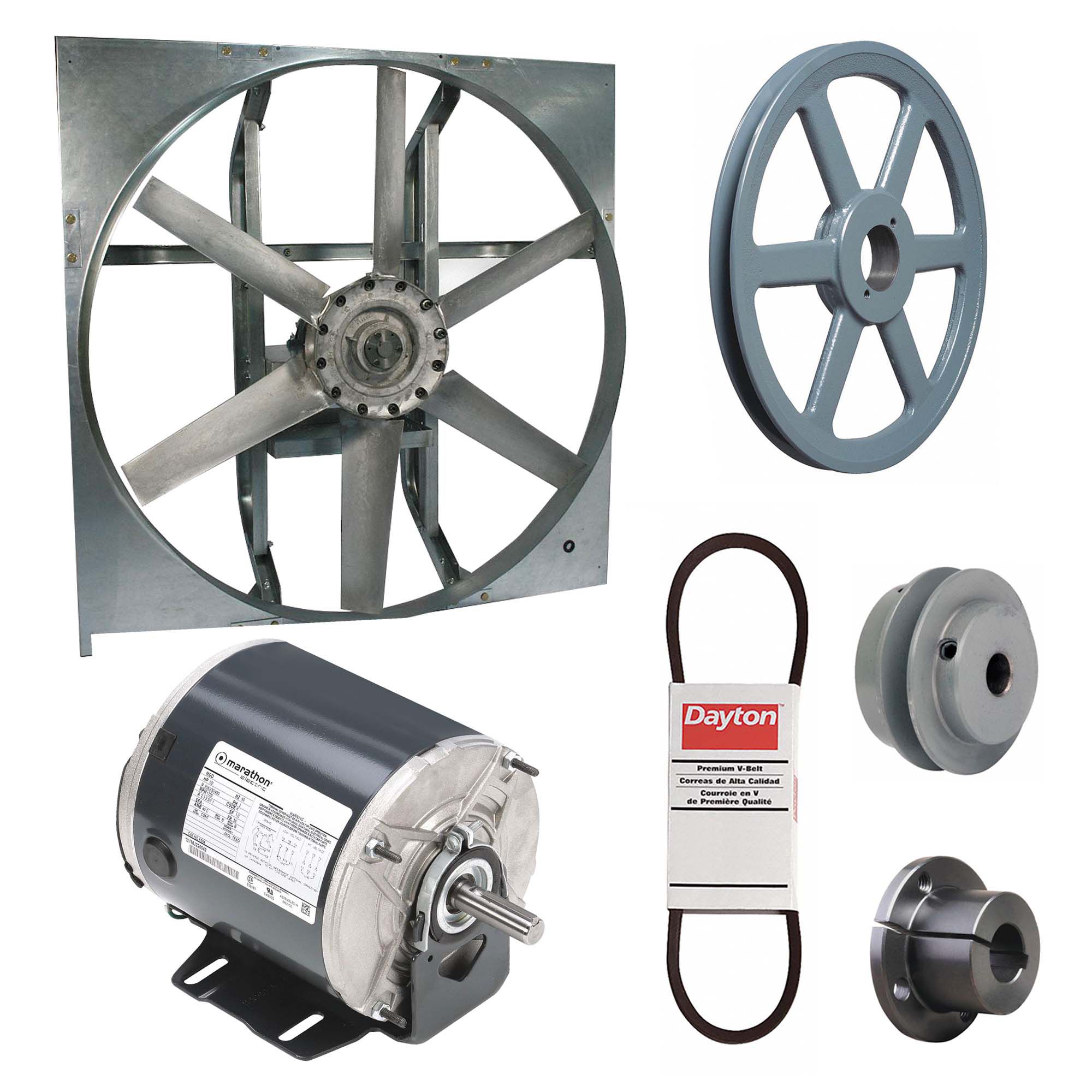 Exhaust Fan with Drive Package: Belt Drive, 30 in Blade, 1/2 hp, 9, 474 cfm, 208-230/460V AC, 3 ph