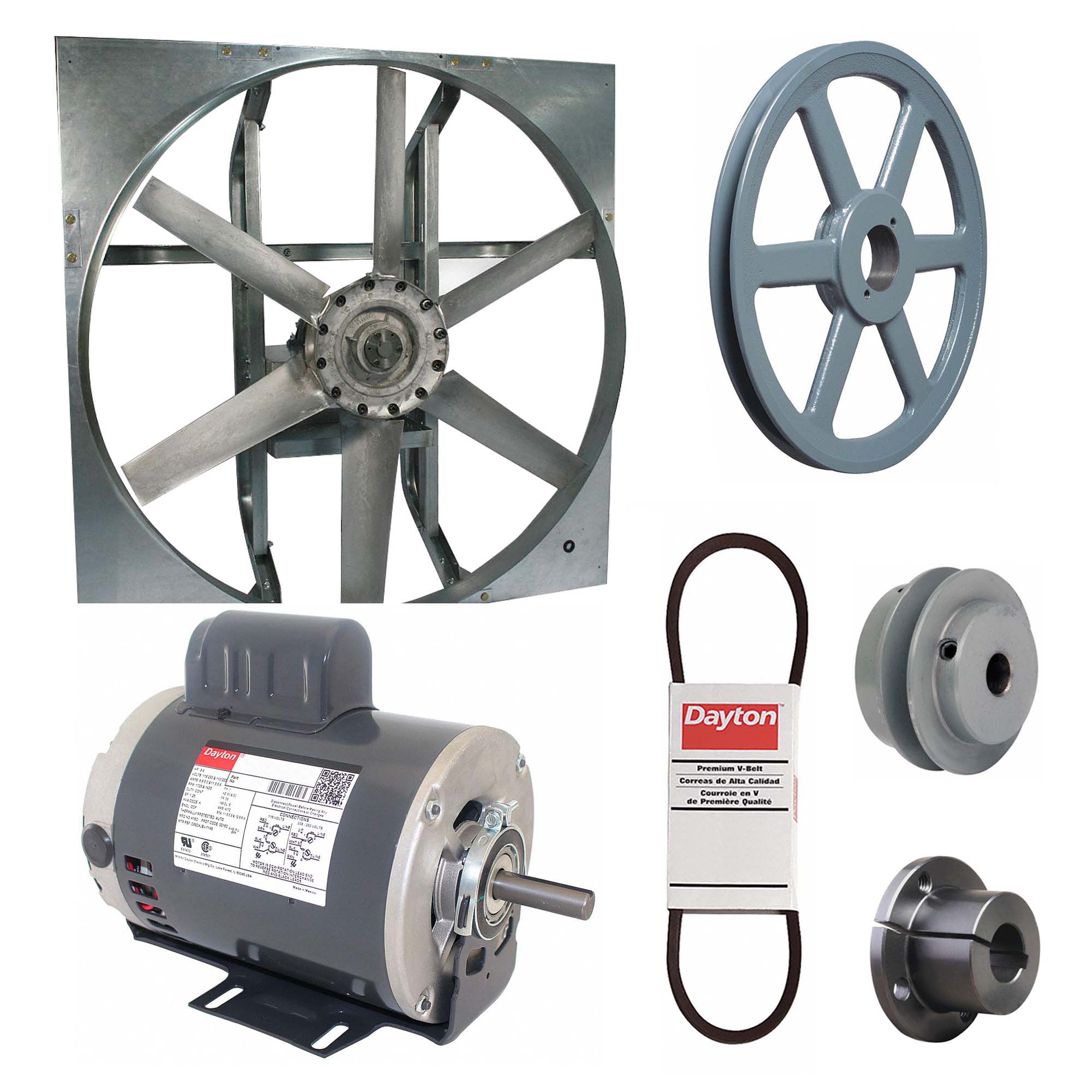 Exhaust Fan with Drive Package: Belt Drive, 36 in Blade, 3/4 hp, 14, 345 cfm, 115/230V AC, 1 ph
