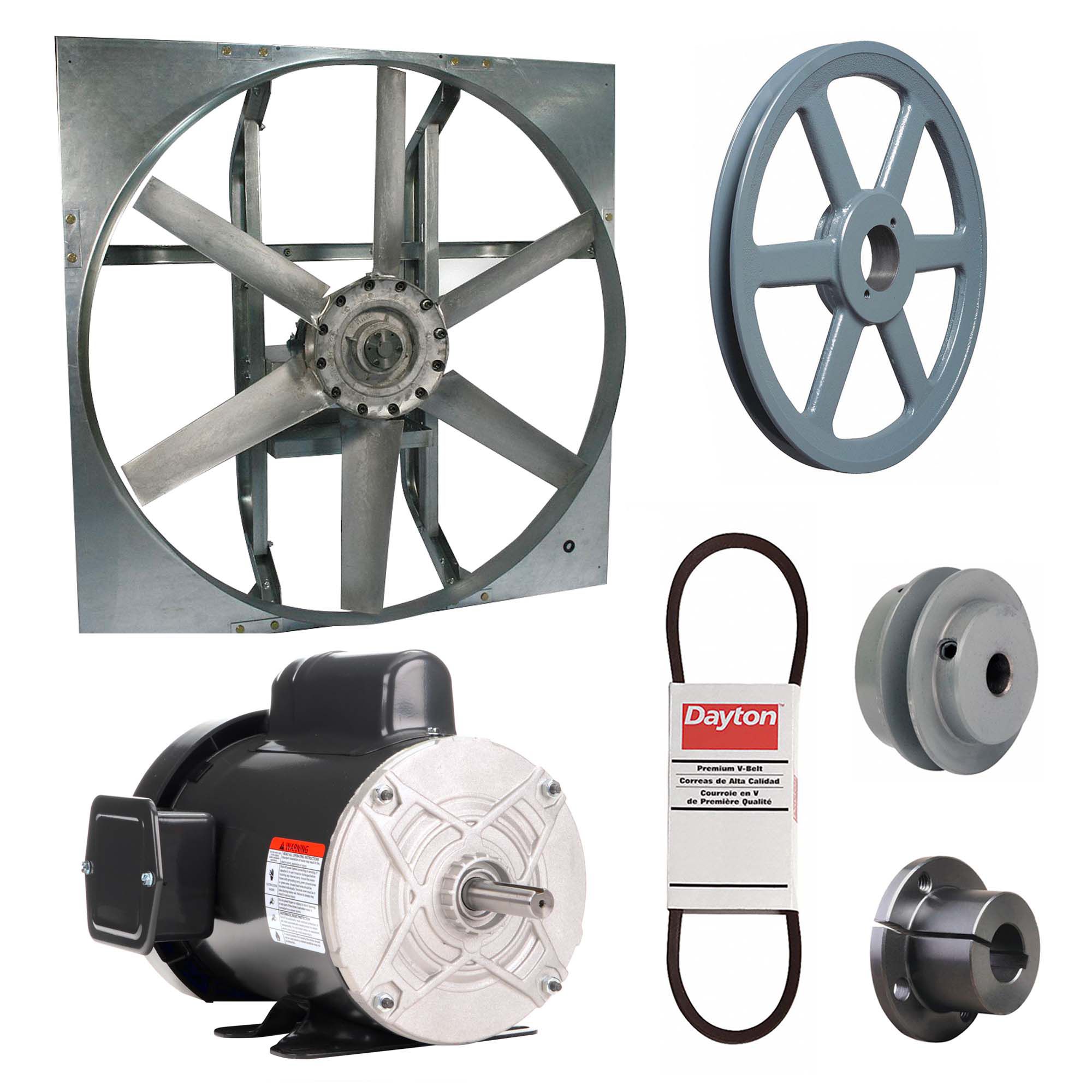 Exhaust Fan with Drive Package: Belt Drive, 36 in Blade, 3/4 hp, 14, 345 cfm, 115/208-230V AC, 1 ph