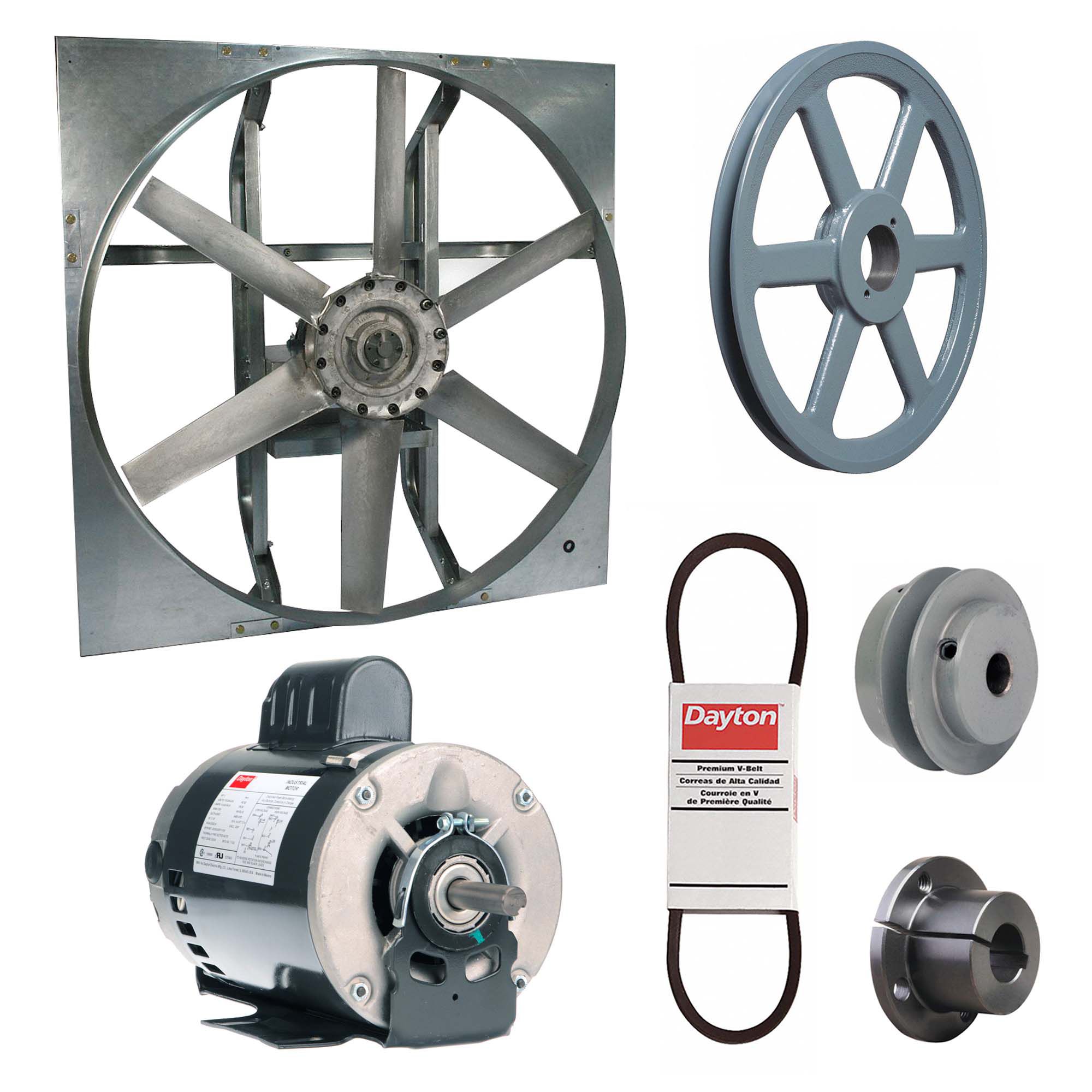 Exhaust Fan with Drive Package: Belt Drive, 42 in Blade, 1 hp, 18, 024 cfm, 115/208-230V AC, 1 ph
