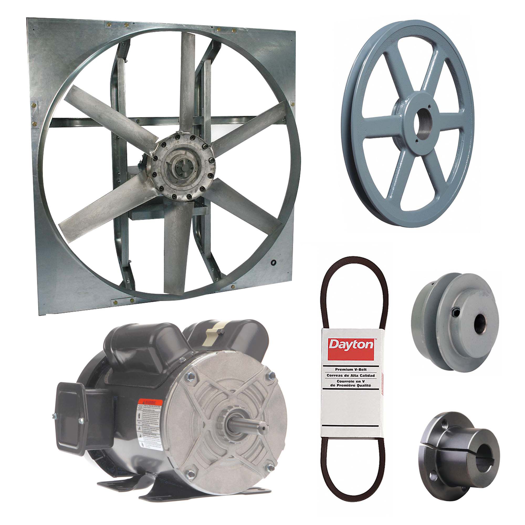Exhaust Fan with Drive Package: Belt Drive, 42 in Blade, 1 hp, 18, 024 cfm, 115/208-230V AC, 1 ph