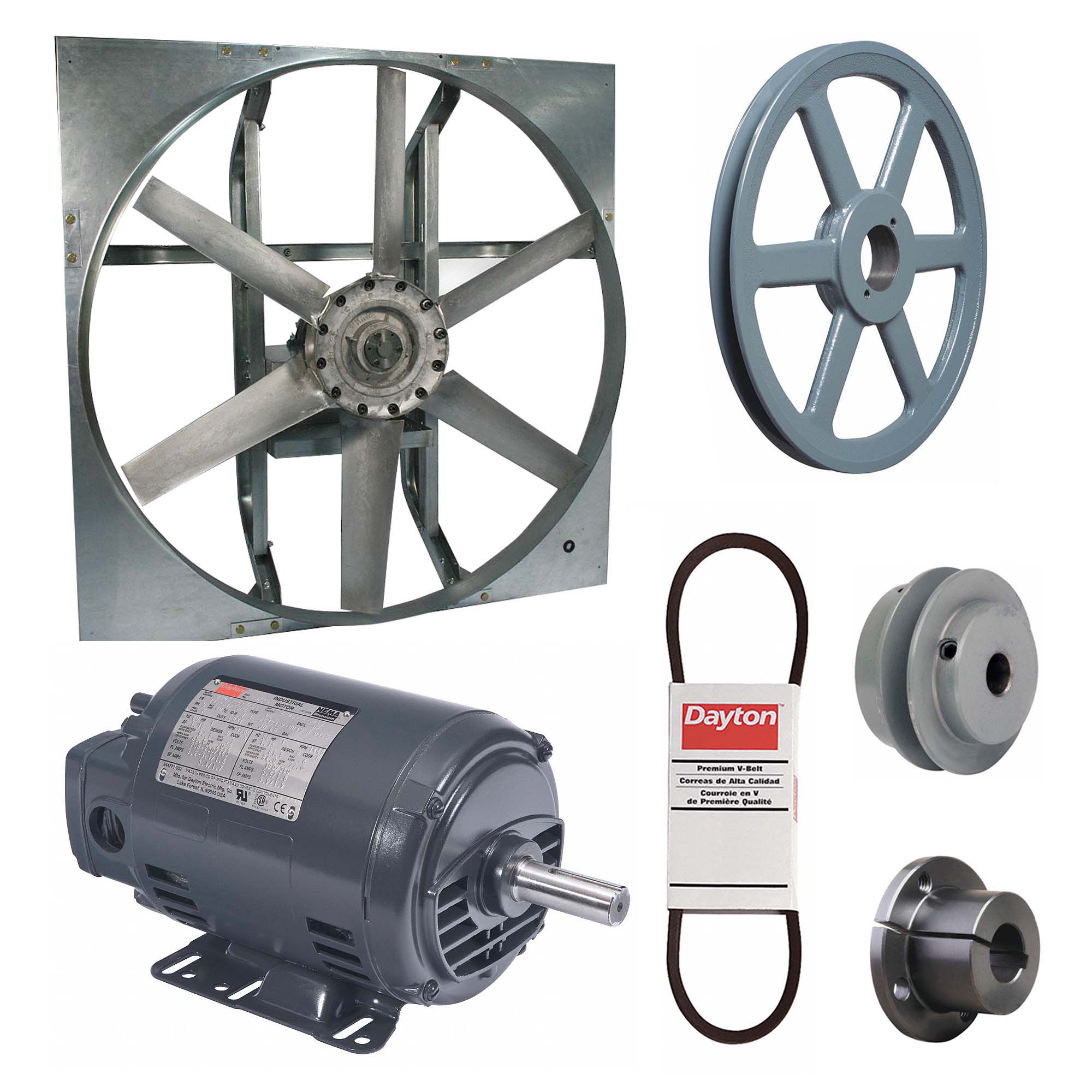 Exhaust Fan with Drive Package: Belt Drive, 42 in Blade, 1 hp, 18, 024 cfm, 208-230/460V AC, 3 ph