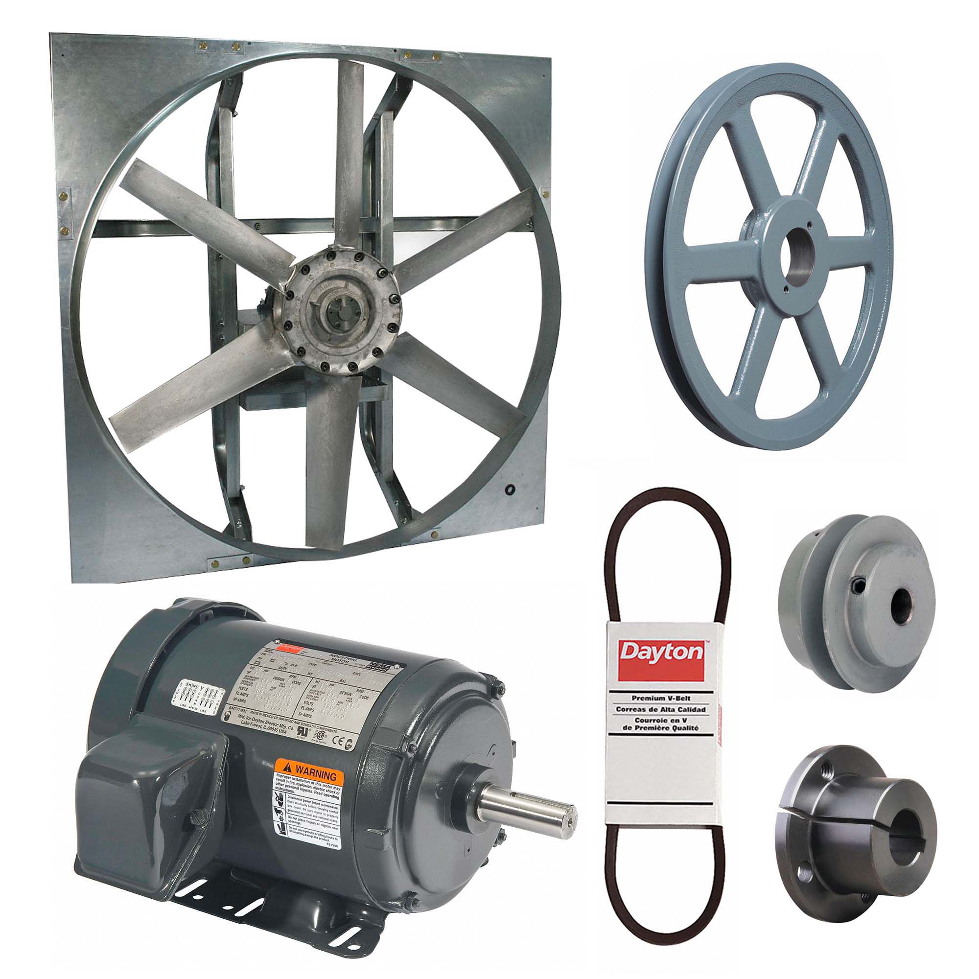 Exhaust Fan with Drive Package: Belt Drive, 42 in Blade, 1 hp, 18, 024 cfm, 230/460V AC, 3 ph