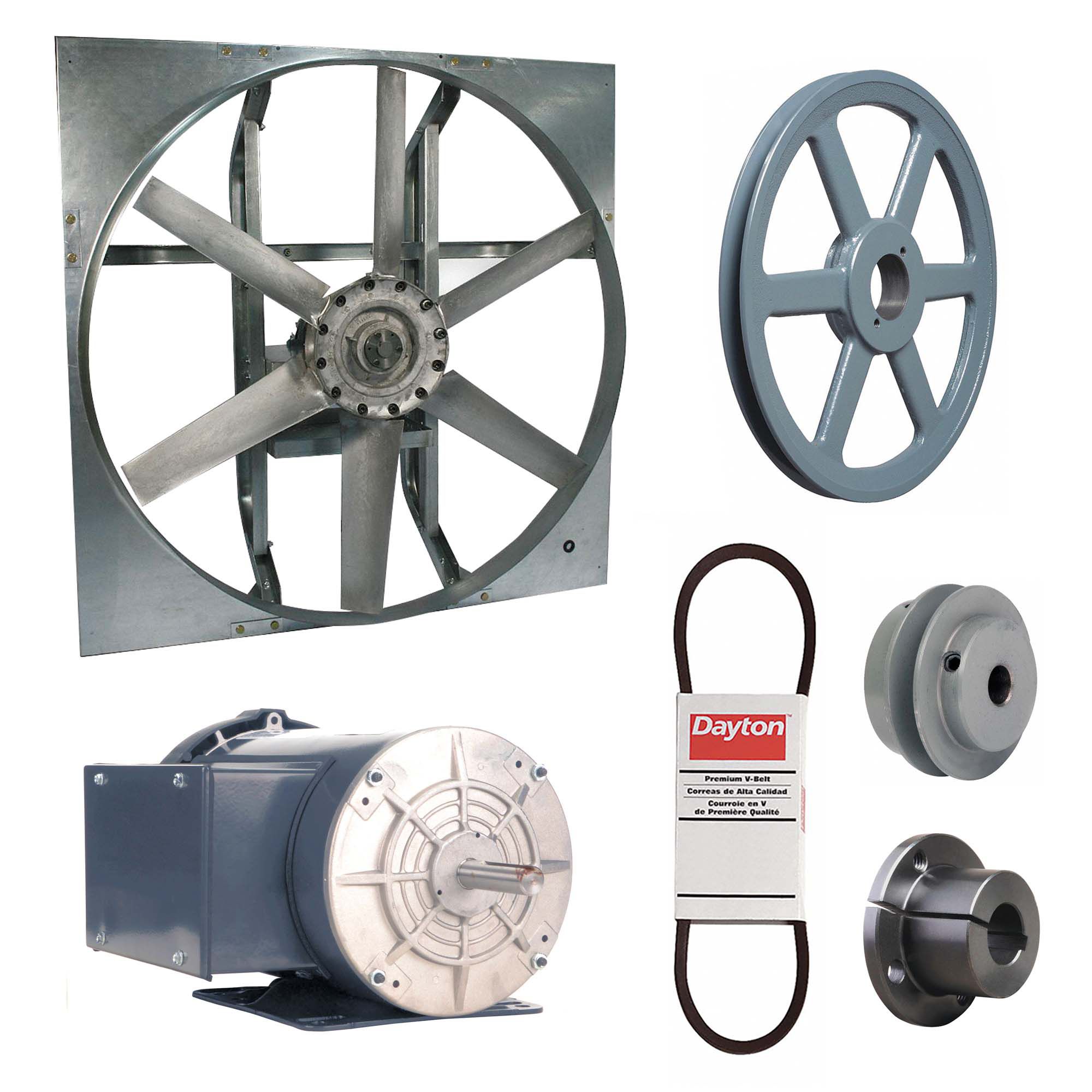 Exhaust Fan with Drive Package: Belt Drive, 48 in Blade, 1 1/2 hp, 26, 377 cfm, 115/208-230V AC, 1 ph